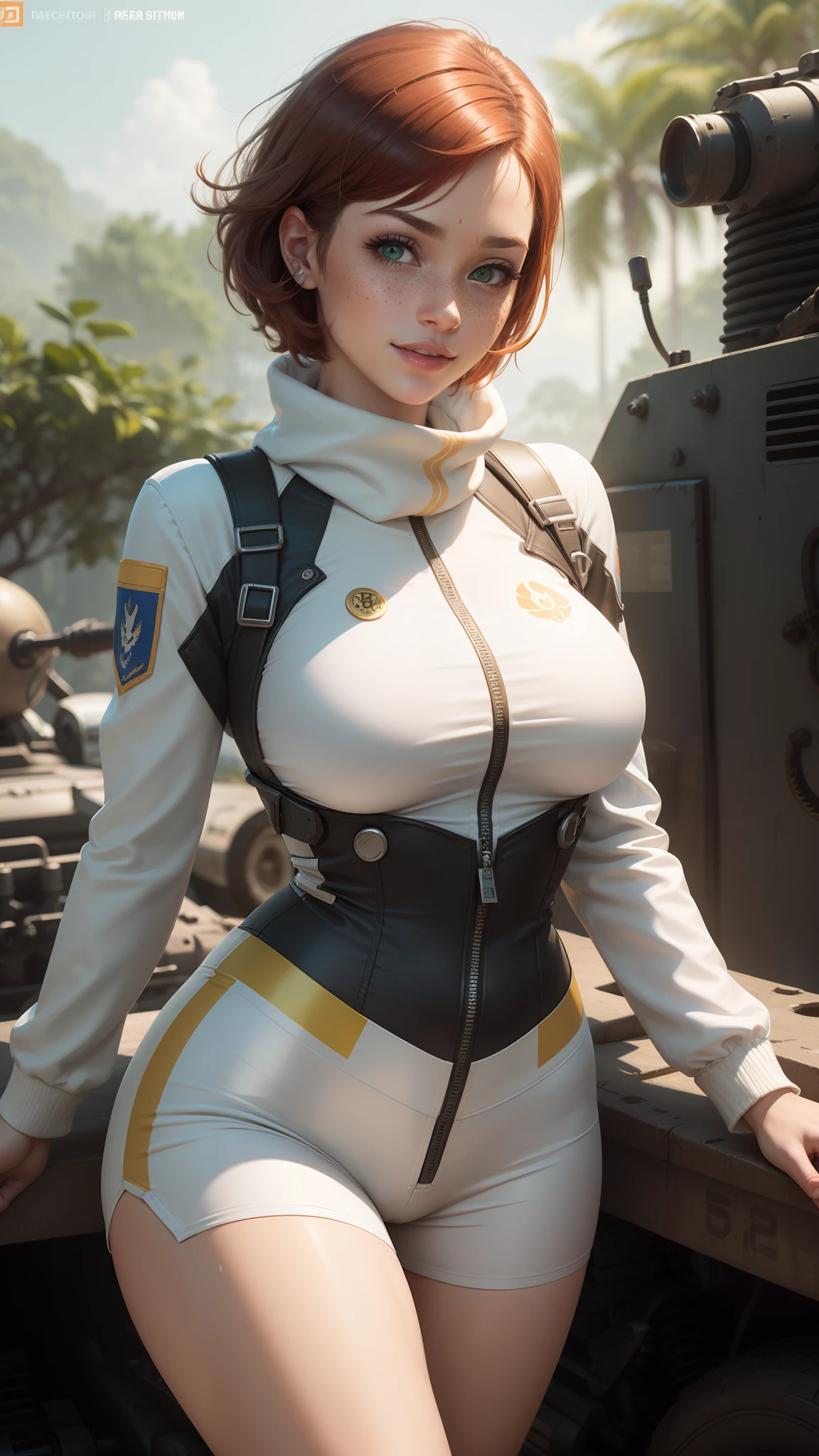 gwen tennyson,tracer,chun-li,rebecca chambers,tomb raider,overwatch,1girl, close up,mecha pilot,mayan jungle,red and white plugsuit,hair pin,pirate corset,white long sleeve lycra top,silver lycra micro shorts,short hair,cute makeup,green eyes,orange and gold hair,shy smile,freckles,redhead,beautiful girl,large breasts,ultra detailed,realistic, fantasy art,military uniform,military gear, pilot scarf,pilot jacket,wet shirt,atv,