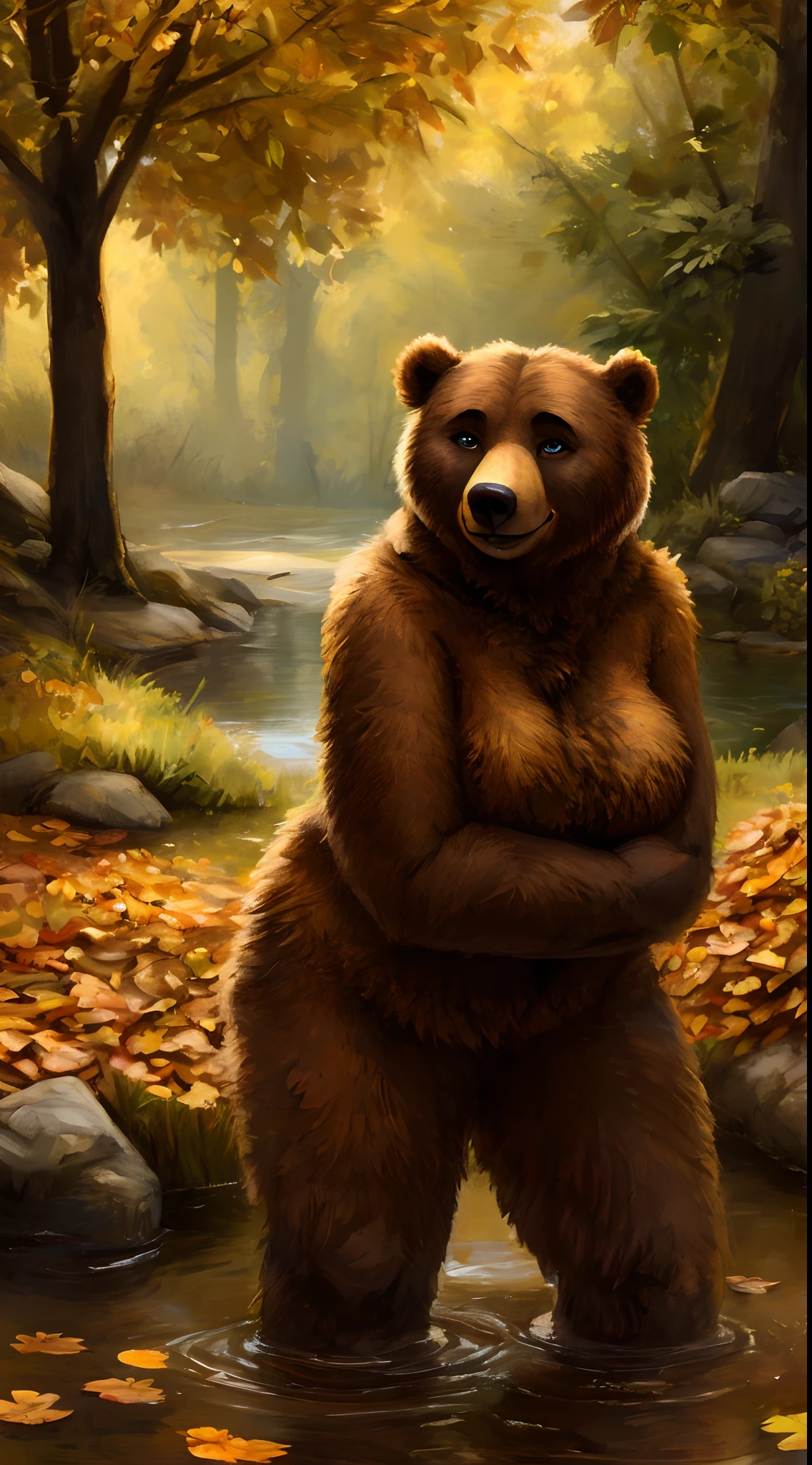 (by ozoneserpent:1.1, by Kenket:1.4, by the-minuscule-task:1.2, by zummeng:1.0):1.3, (anthro bear, furry, woman, breasts, antrum, extremely detailed, extremely detailed legs, extremely detailed arms, extremely detailed face, perfectly detailed eyes, perfectly detailed anatomy):1.2, solo, perspective, adult, mature body, large body, curved thighs, gorgeous hips, curvature, (cute tail), (bear ears, bear fur, bear muzzle, bear nose), smiling, smooth fur, wet fur, brown fur, multicolored fur, au natural, half-closed eyes, embarrassed expression, looking shyly at you, chest focus, holding self, front perspective, front shot, standing, wading in pond, flowing water, showing off to you, beautiful eyes, outdoor setting, thick forest, in the wild, fall time, pond, painterly, traditional style,