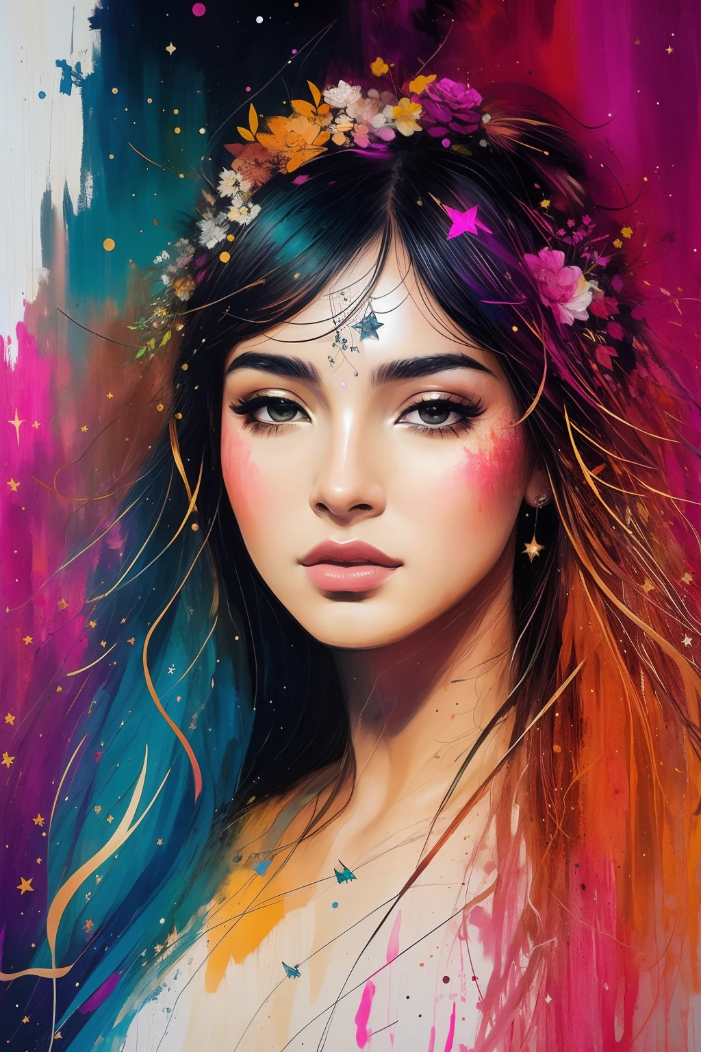 A painting of a woman with long hair and a flower crown - SeaArt AI