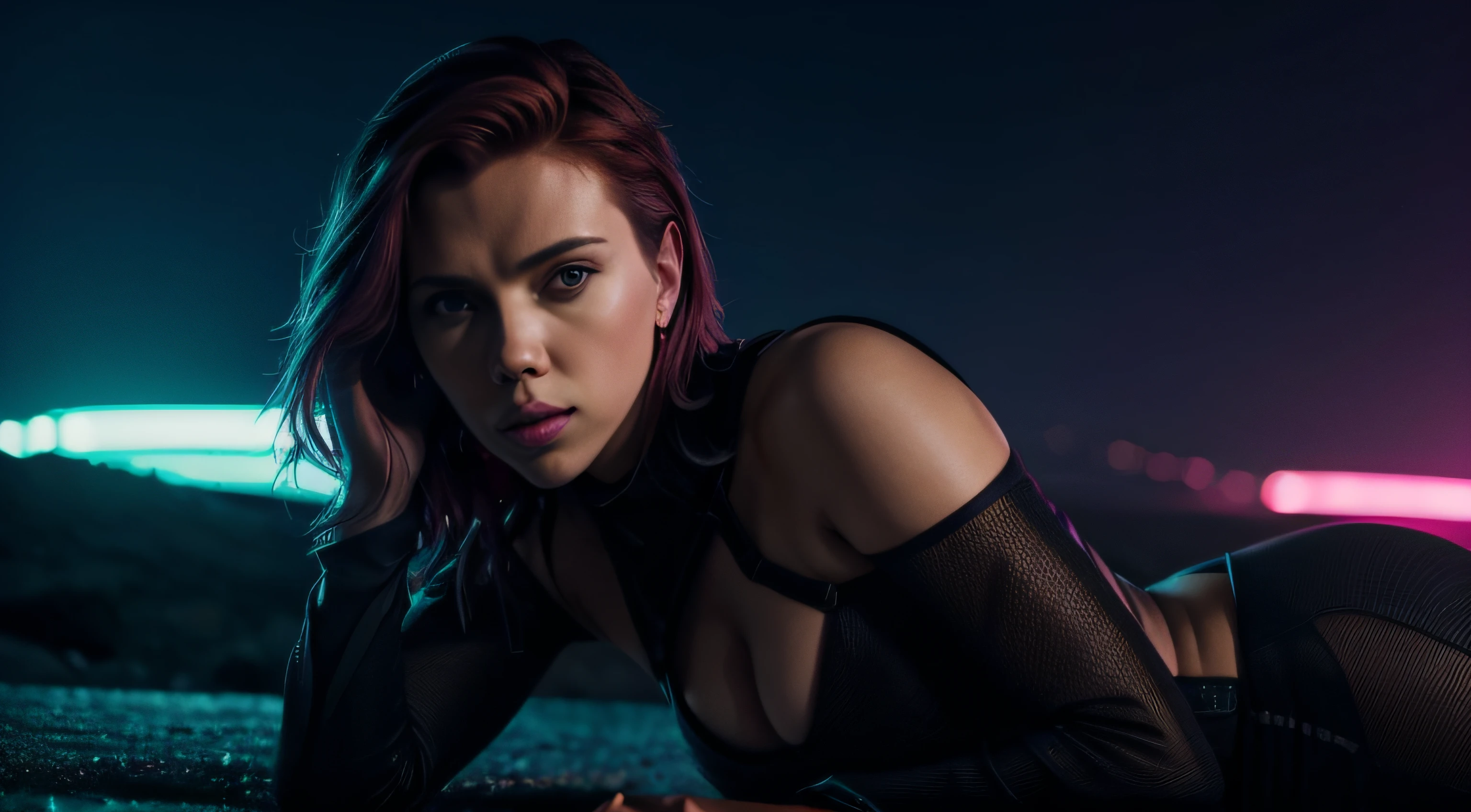 (obra prima) (ultradetalhada) (ultrarrealista | |) Scarlett Johansson, foto de perfil, roupas provocativas, neon, noite, Foto premiada, BLN-L24, exposure,Alto contraste,low saturation,high saturation 8k 3D, f 2.8 lentes, Cinematic lighting