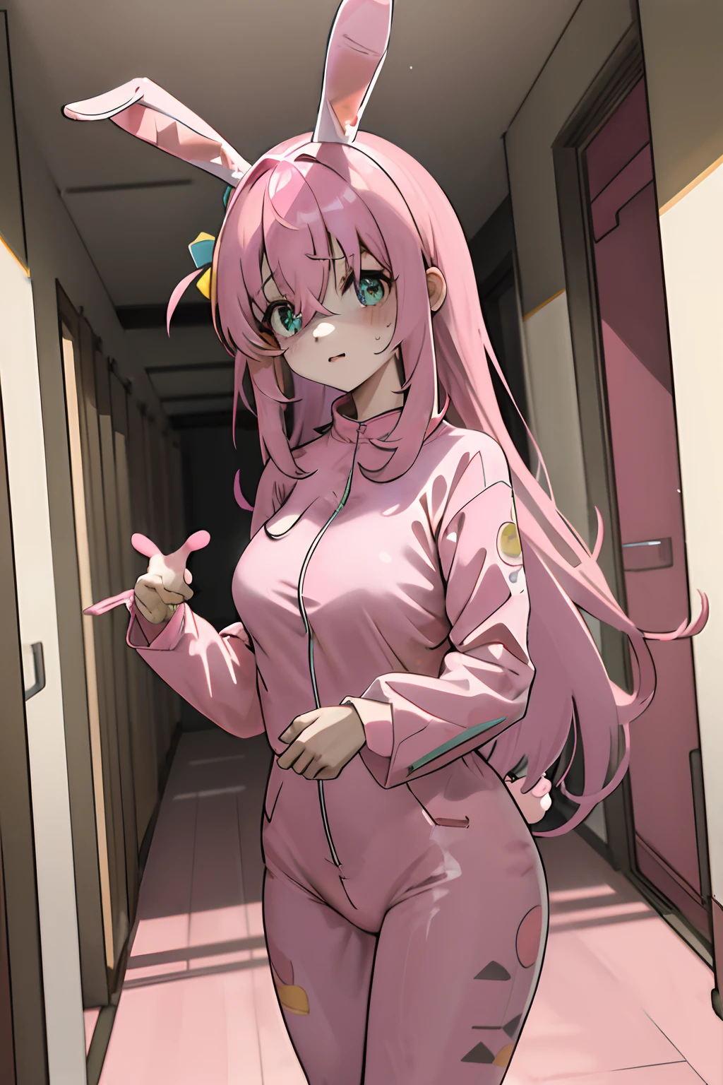 masterpiece, best quality, highres, gotou1, gotou hitori, solo, bangs, hair between eyes, big breasts, cowboy shot, standing, shaded face, school corridor, (((pink bunny suit))), bunny ears, tights