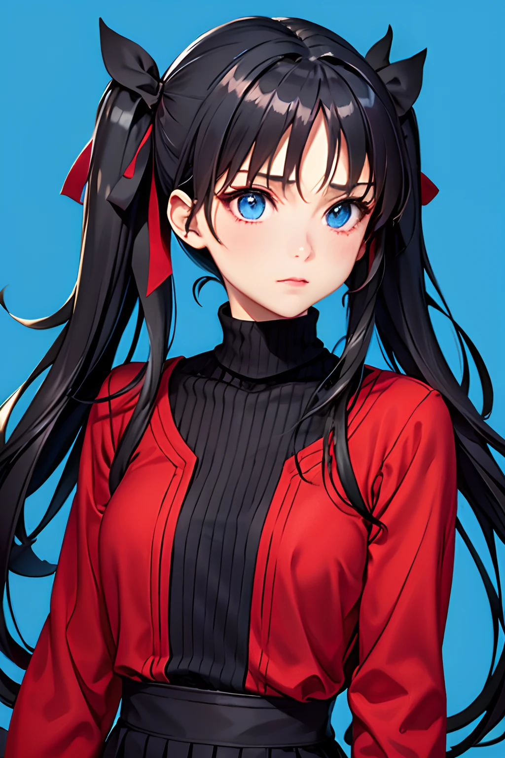 1girl, tohsaka rin, solo, long hair, sweater, red sweater, looking at viewer, blue background, black hair, simple background, two side up, turtleneck, blue eyes, lips, closed mouth, ribbon, hair ribbon, bangs, turtleneck sweater, upper body, parted bangs, black ribbon, ribbed sweater, twintails, nose,