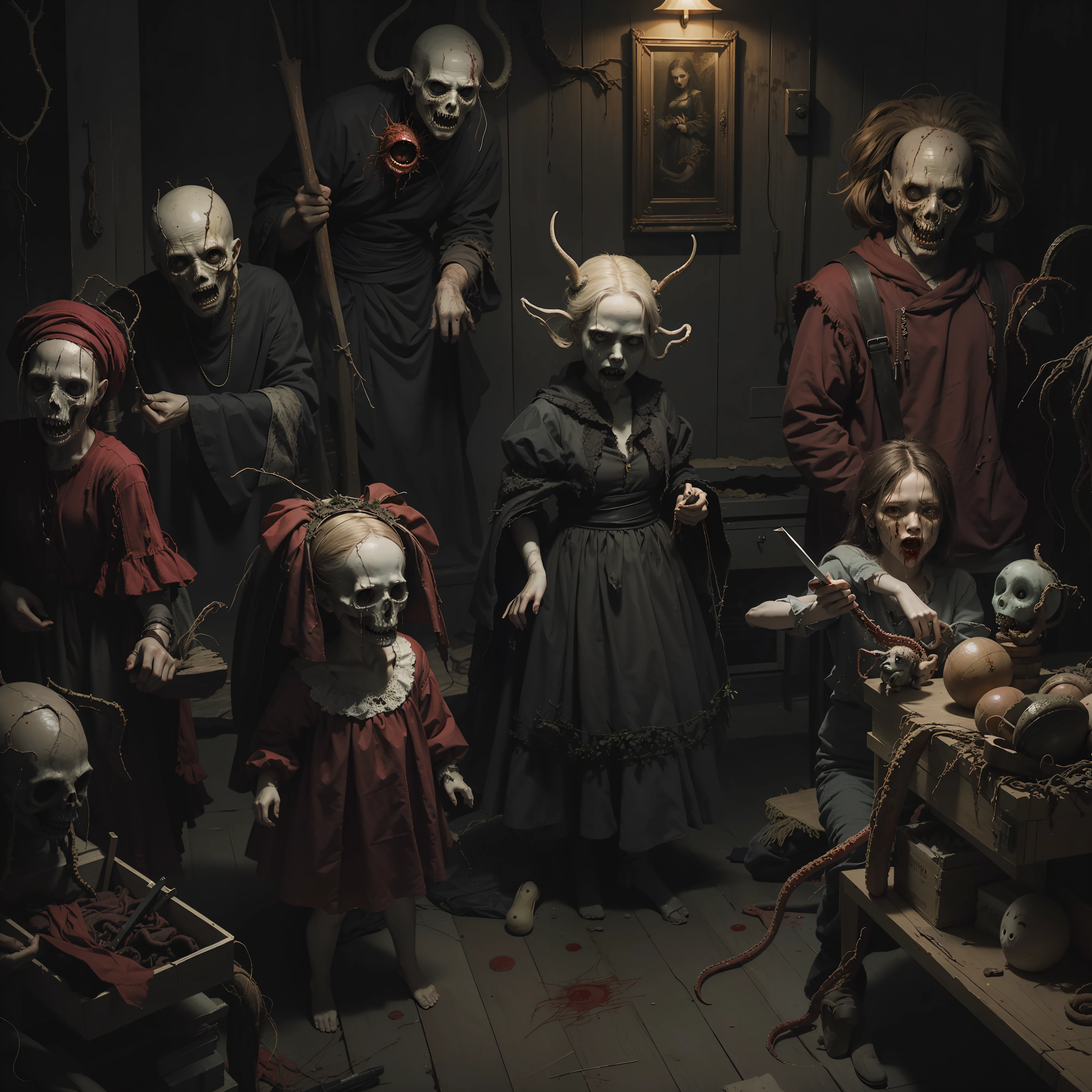 Fine matte paintings, haunted castle with horrible dolls on drawing table full of knives, horror, eerie, scary, tentacles, vines, eyes, blood moon
