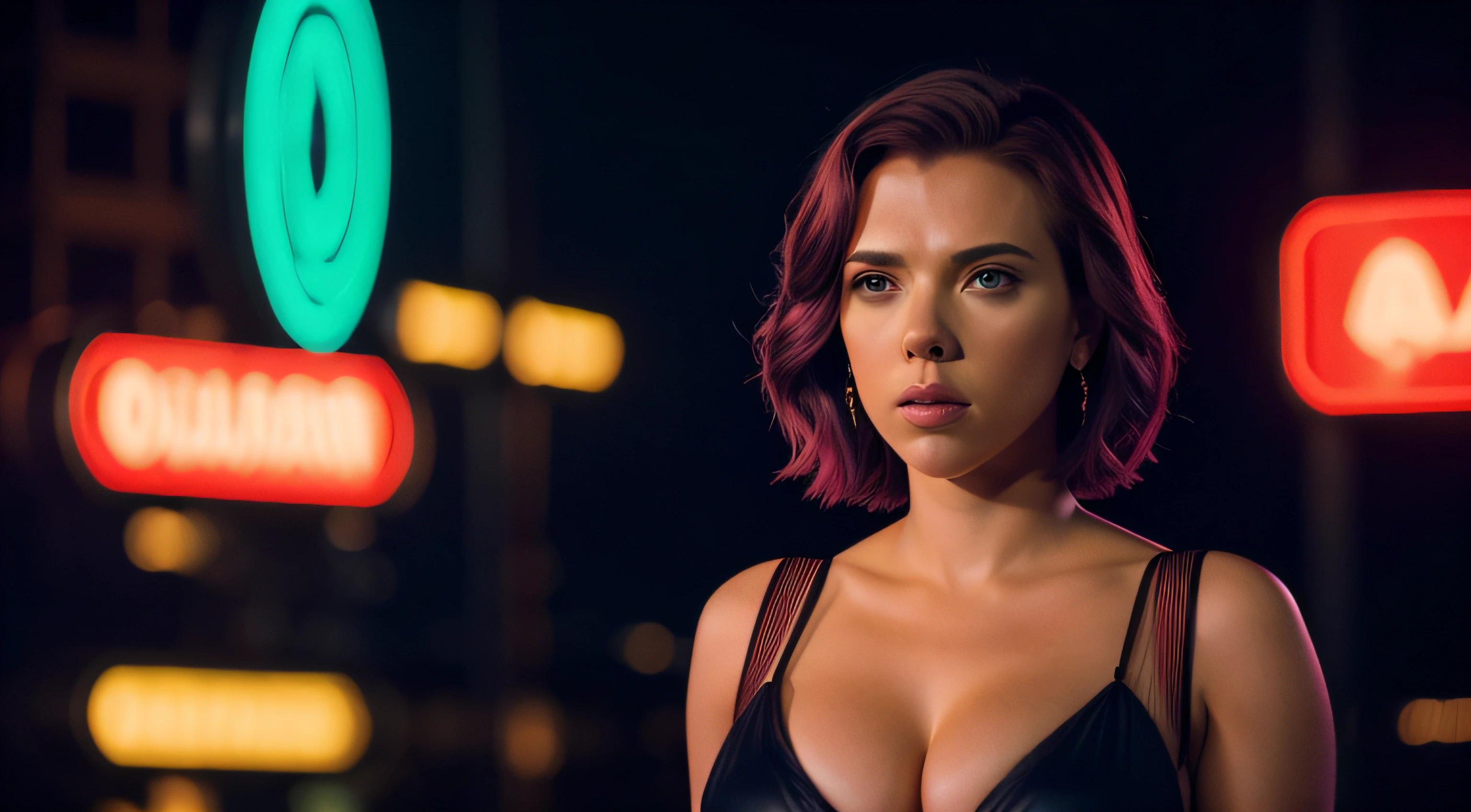 (obra prima) (ultradetalhada) (ultrarrealista | | |) Scarlett Johansson, roupas provocativas, ensaio sensual, neon light, noite, Foto premiada, BLN-L24, exposure,Alto contraste,low saturation,high saturation 8k 3D, f 2.8 lentes, Cinematic lighting