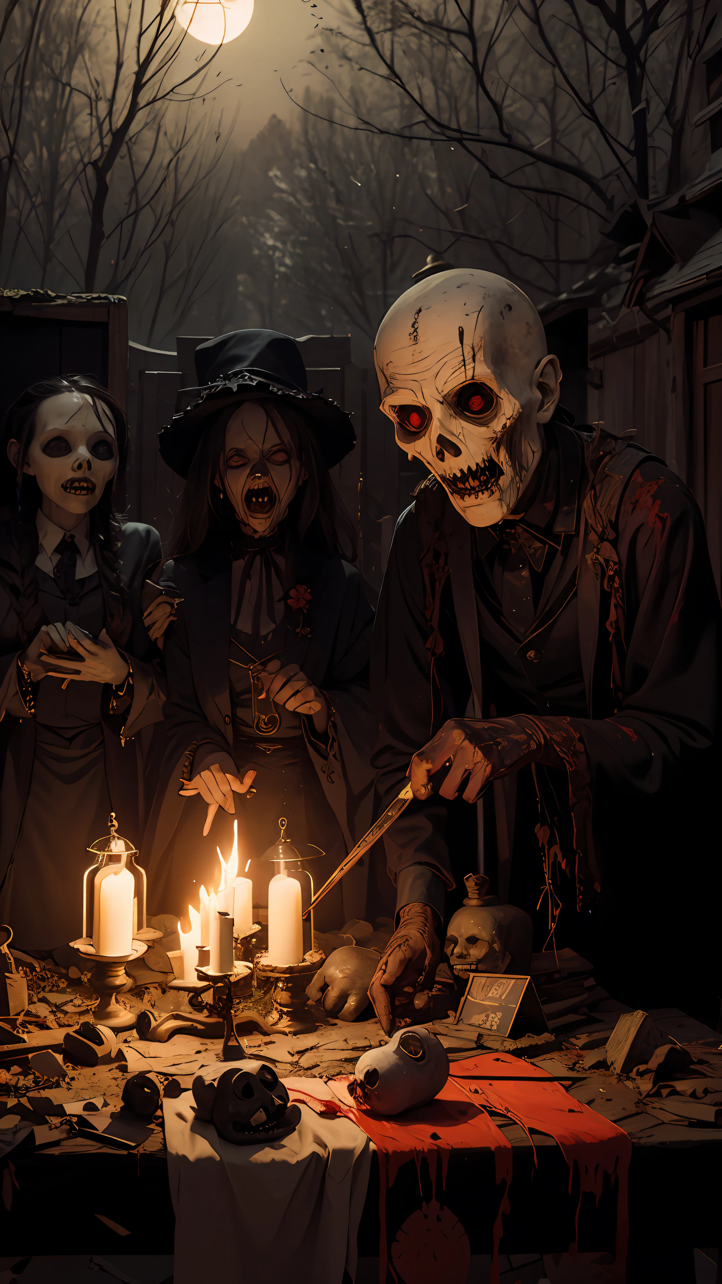 Haunted graveyard,Sinister shadows,Creepy abandoned house,Malevolent spirits,Bloodcurdling screams,Cursed dolls,Terrifying clowns,Macabre rituals,Grave robbers,Chilling whispers,Possessed mirrors,Haunted paintings,Creaking floorboards,Mysterious disappearances,Forbidden rituals
