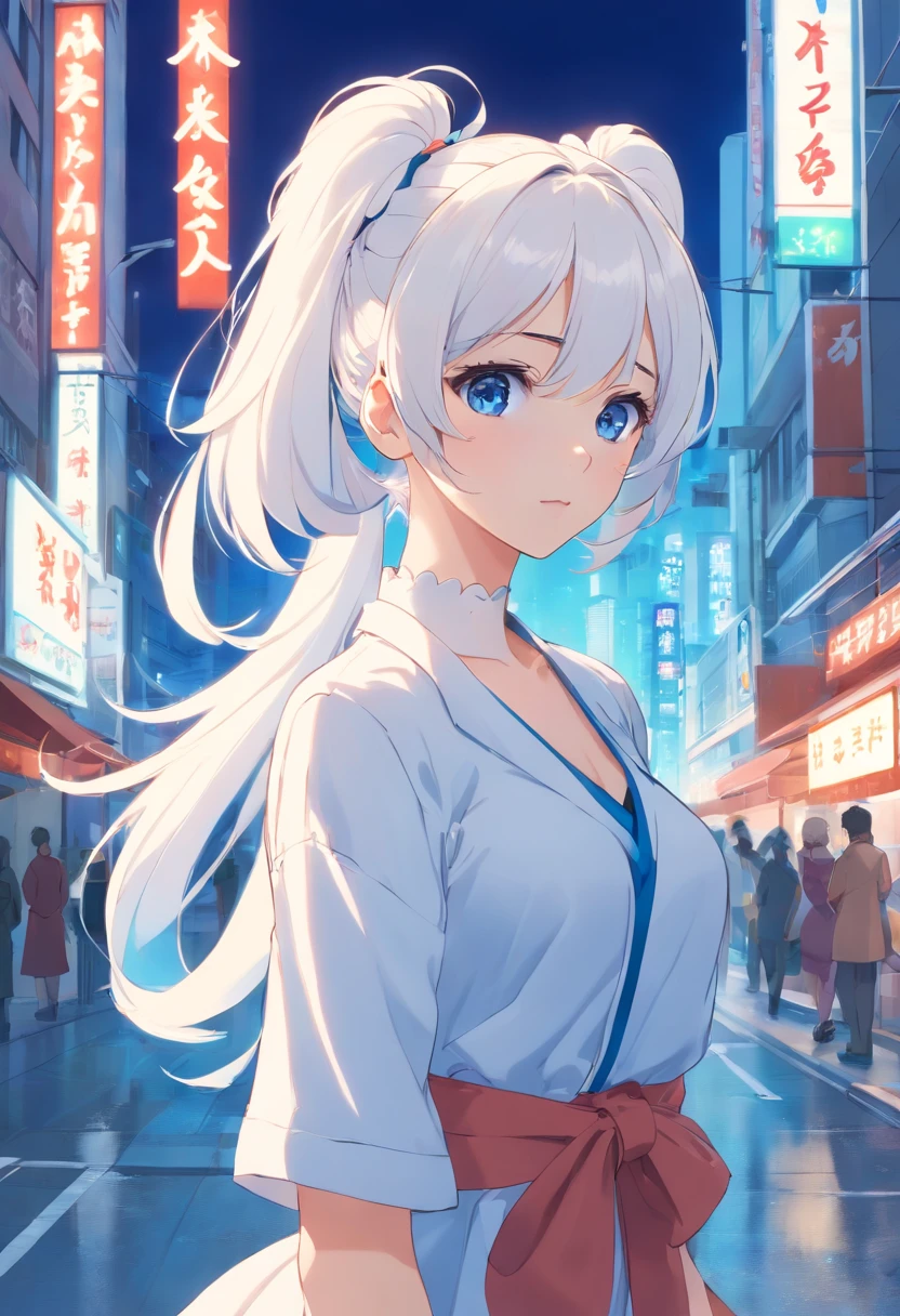 White color hair，Double ponytail curls，blue color eyes，White Lolita，Beth，A bustling city street