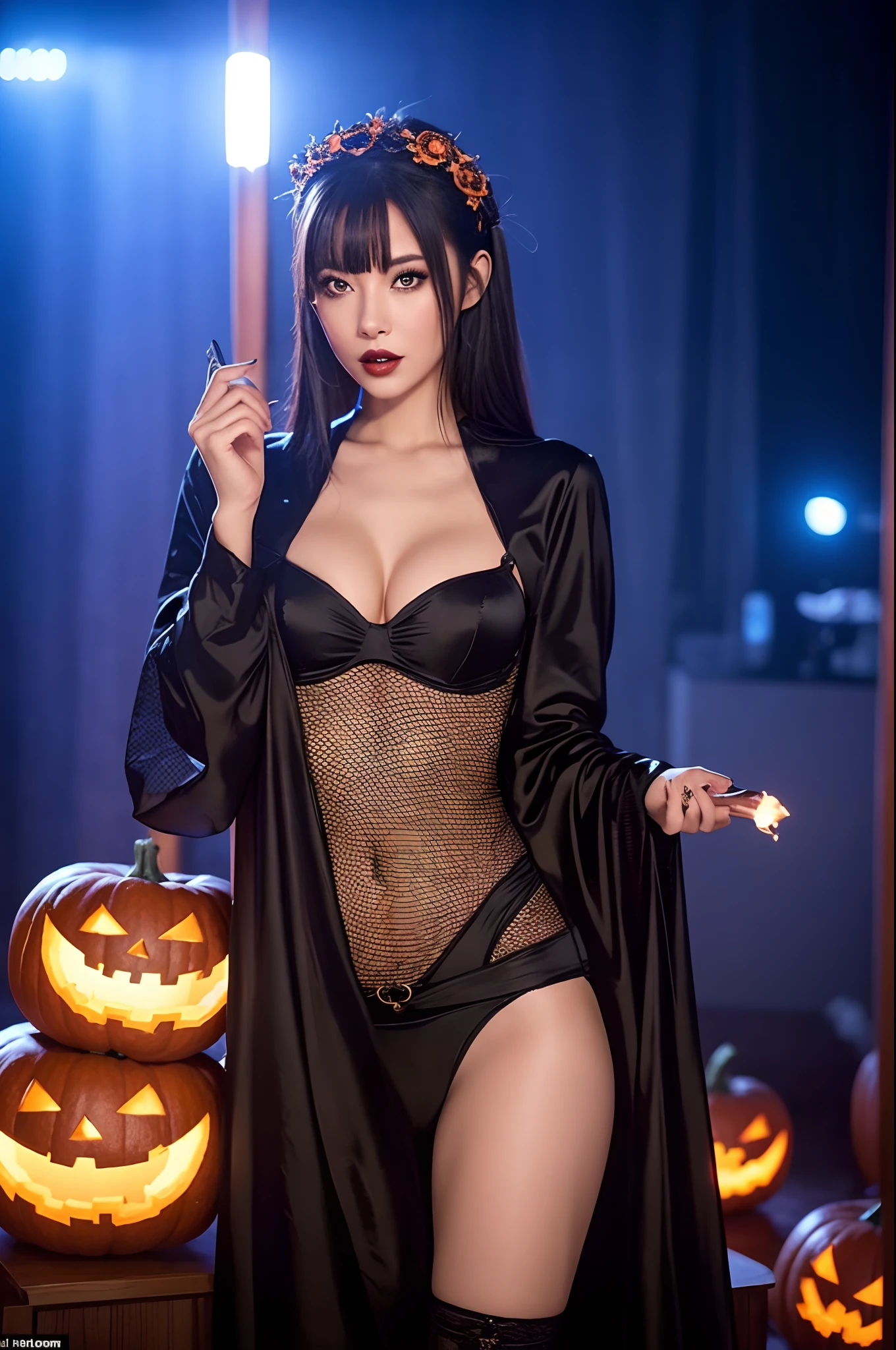 Create a visually captivating and seductive image of a woman in a Halloween costume that exudes sensuality and allure. The woman should be the central focus of the scene and should be wearing a striking and provocative Halloween costume. The costume should emphasize her attractiveness and charm, while also incorporating elements of the Halloween theme. Her pose, expression, and overall demeanor should be alluring and confident. Ensure that the lighting accentuates her beauty and adds an element of allure to the scene. The backdrop should complement the overall atmosphere, setting the stage for a captivating, sexy, and Halloween-themed visual experience.