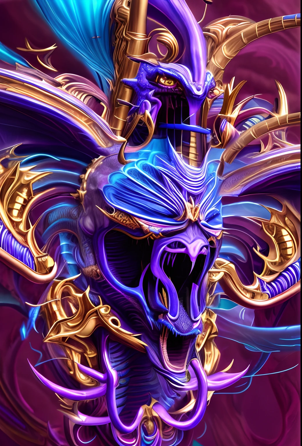 a close up of a purple and blue dragon with a gold crown, beautiful biomechanical djinn, purple ancient antler deity, hyperbeast design, digital painting of quetzalcoatl, ne zha from smite, detailed digital 2d fantasy art, hyper detailed digital art, ultra detailed game art, cyborg dragon portrait, mantis head monster god temple