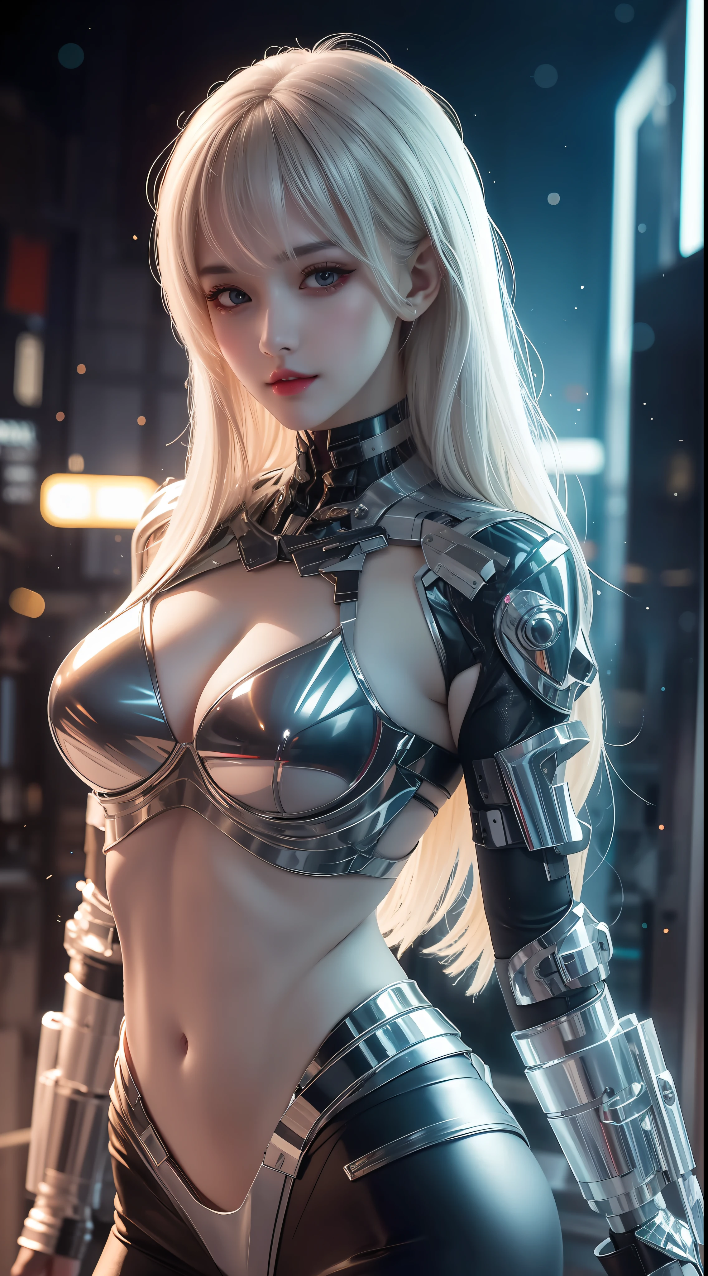 8K uhd, materpiece, a beautiful girl, detaild eye, good face, detaild eyebrow, cyberpunk outfit, white outfit, cyberpunk, Cyberspace, cyberpunk shining background, neon effect, Spreading lighting, red lighting, whole body capture, full image,