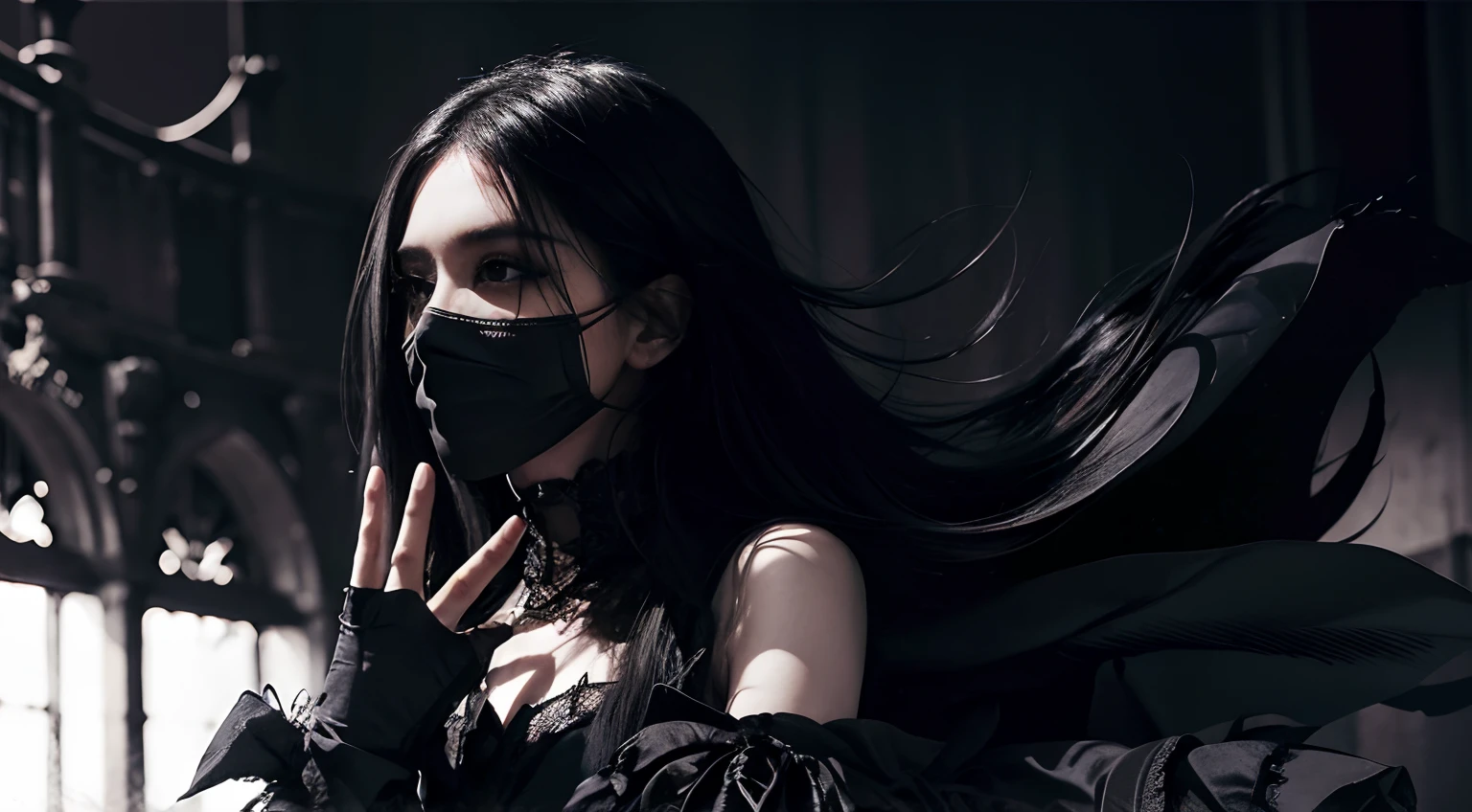 (best quality, highres:1.2), realistic, black dress, black hair, dark theme, black background, black rose, dark ninja, intense gaze, flowing dress, detailed facial features, long eyelashes, contrast, fine details, dramatic atmosphere, gothic style, intense emotions, monochrome color palette, captivating setting, haunting beauty, artistic photography, everything is black, black rose fetals waving in the air