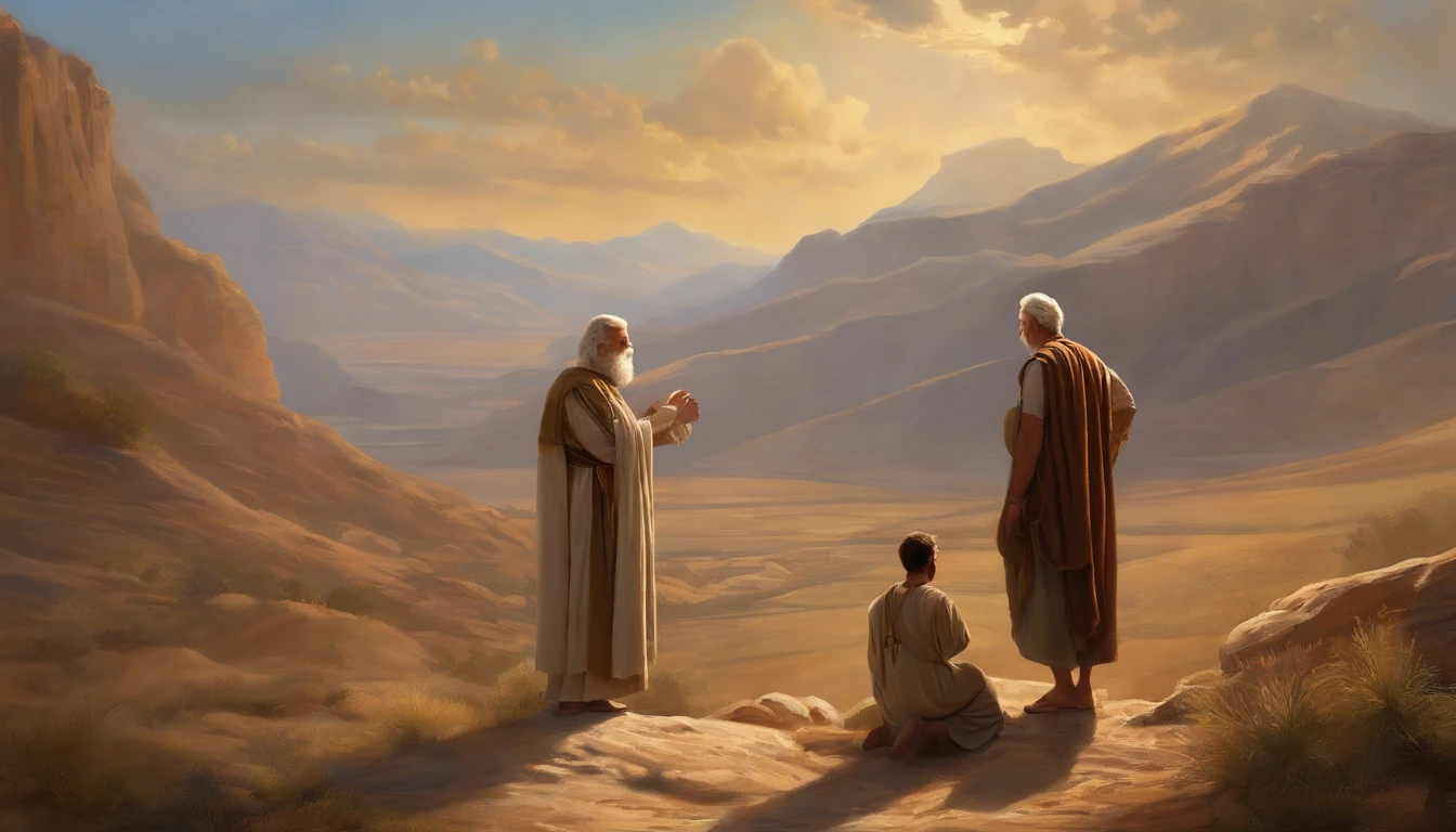 In the Bible, Abraham offers Isaac to God as riches, Young Isaac, Old Abraham, mountains,papyrus,Weathered parchment,Old gowns,,History reference,High-quality artwork and details,Realistic portrait style,Subtle color palette,vibrant background,natural textures,Deep Shadows,Subtle highlights,Historical accuracy,meticulous attention to detail,Emotional depth and intensity,Authentic Representation,Thought-provoking,Spiritual atmosphere,A Sense of Ancient Wisdom,Profound impact