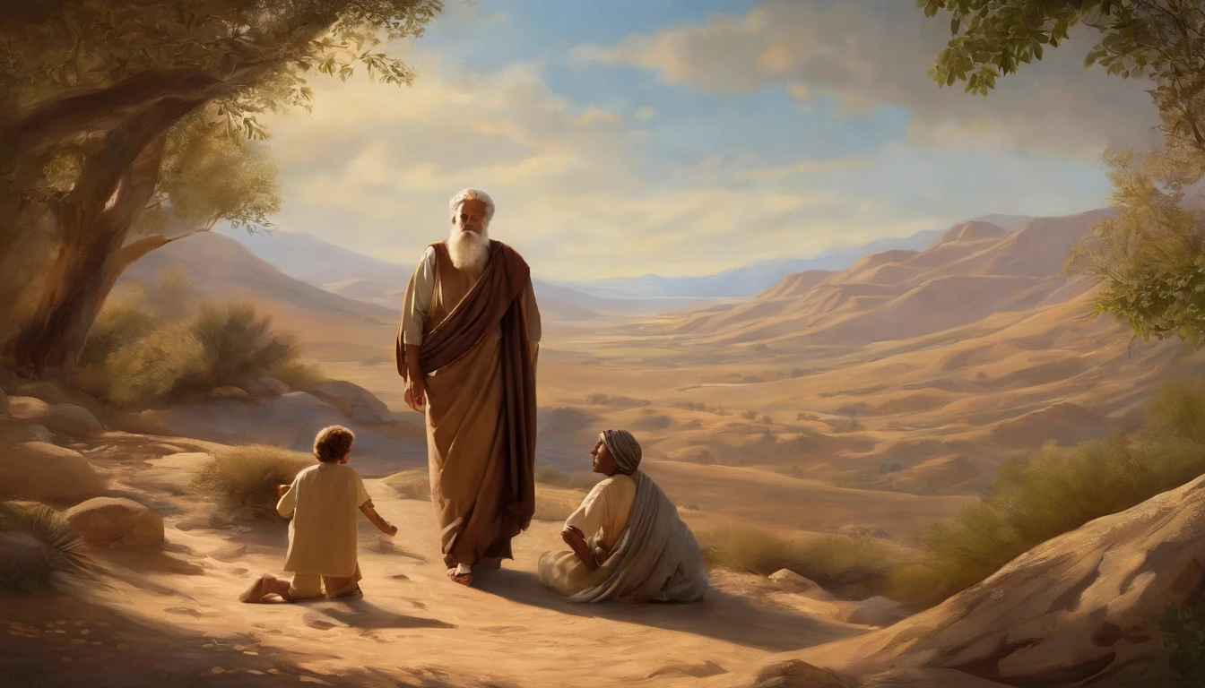 In the Bible, Abraham offers Isaac to God as riches, Young Isaac, Old Abraham, mountains,papyrus,Weathered parchment,Old gowns,,History reference,High-quality artwork and details,Realistic portrait style,Subtle color palette,vibrant background,natural textures,Deep Shadows,Subtle highlights,Historical accuracy,meticulous attention to detail,Emotional depth and intensity,Authentic Representation,Thought-provoking,Spiritual atmosphere,A Sense of Ancient Wisdom,Profound impact