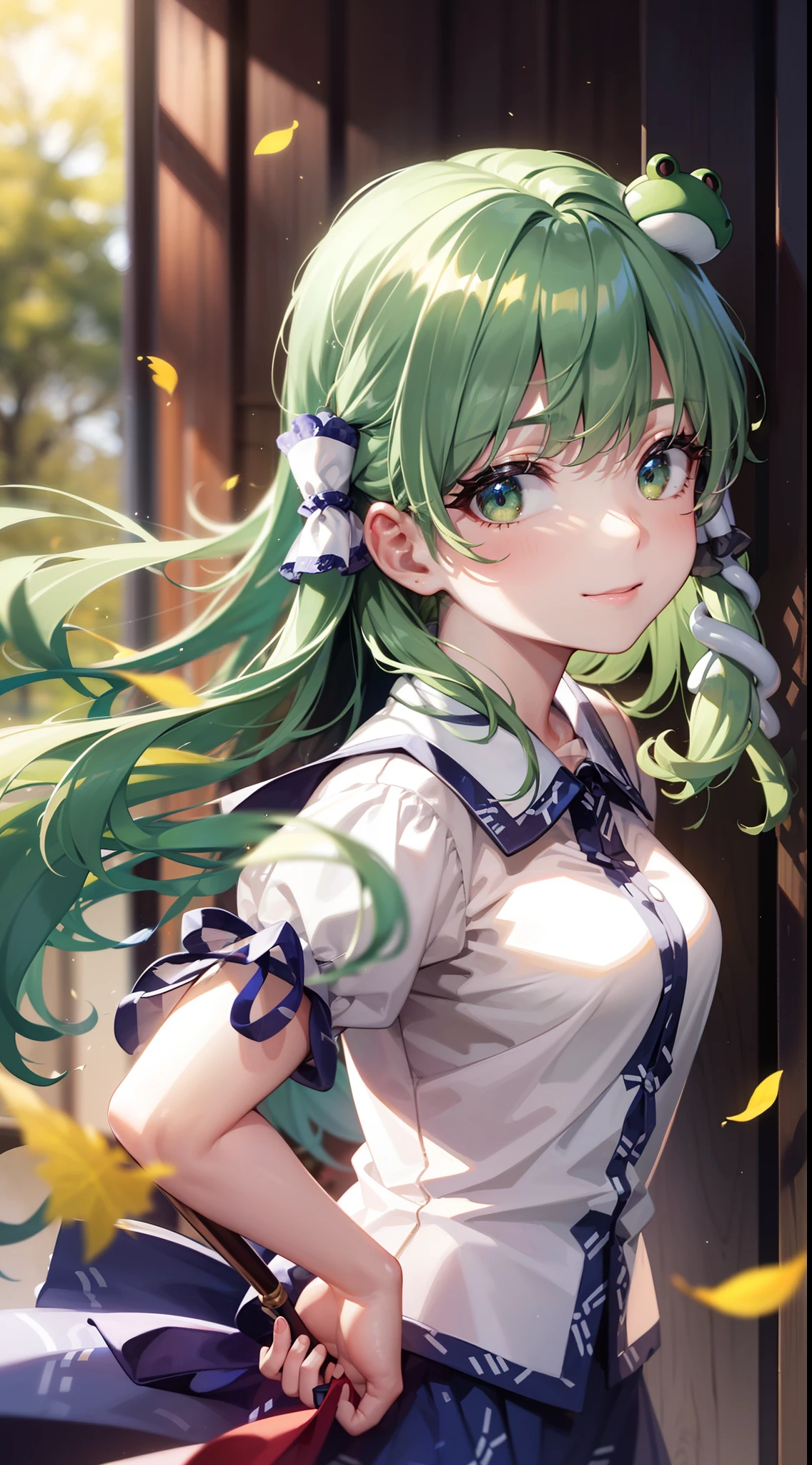 Best Quality,Ultra-detailed,Unity 8k壁纸,extremely details CG,super detailed skin,Detailed,Dynamic lighting,Beautiful detailed eyes,kochiya sanae,happy Smile,Green long hair,Green eyes,frog hair ornament, hair tubes,snake,Detached sleeves,Shirt,Long skirt,autumn leaves,dynamic pose,glistening skin,