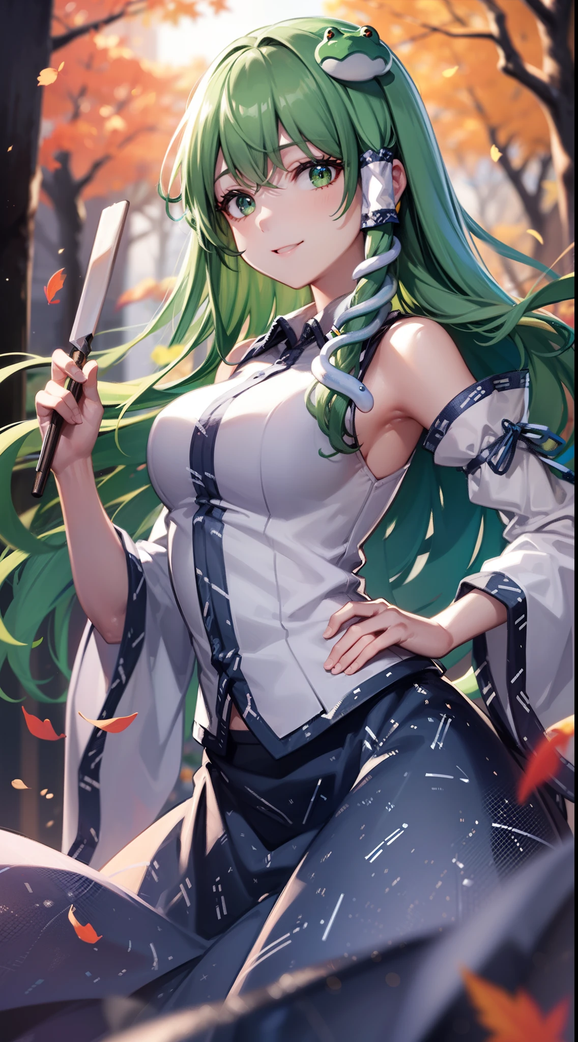 Best Quality,Ultra-detailed,Unity 8k壁纸,extremely details CG,super detailed skin,Detailed,Dynamic lighting,Beautiful detailed eyes,kochiya sanae,happy Smile,Green long hair,Green eyes,frog hair ornament, hair tubes,snake,Detached sleeves,Shirt,Long skirt,autumn leaves,dynamic pose,glistening skin,