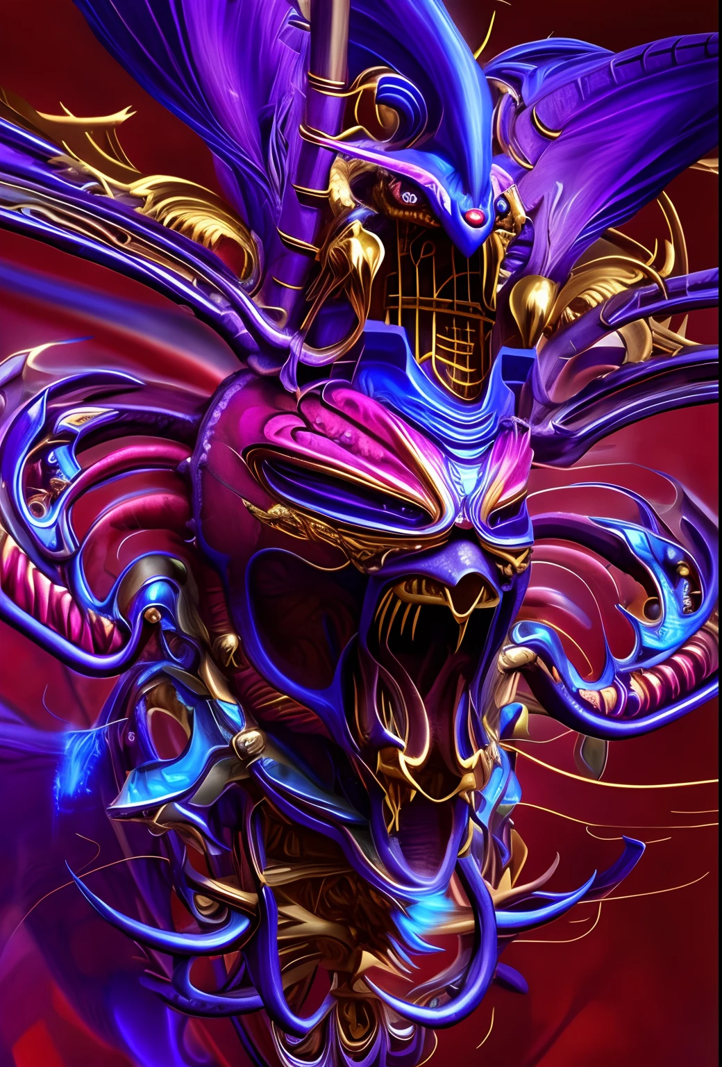 a close up of a purple and blue dragon with a gold crown, beautiful biomechanical djinn, purple ancient antler deity, hyperbeast design, digital painting of quetzalcoatl, ne zha from smite, detailed digital 2d fantasy art, hyper detailed digital art, ultra detailed game art, cyborg dragon portrait, mantis head monster god temple