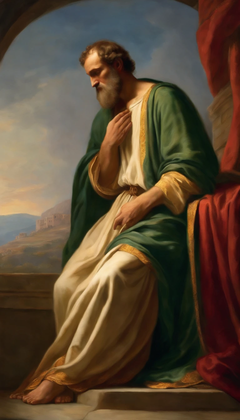 The apostle Paul looked at the screen, Ropa larga, religión, Ultra foto realsisim