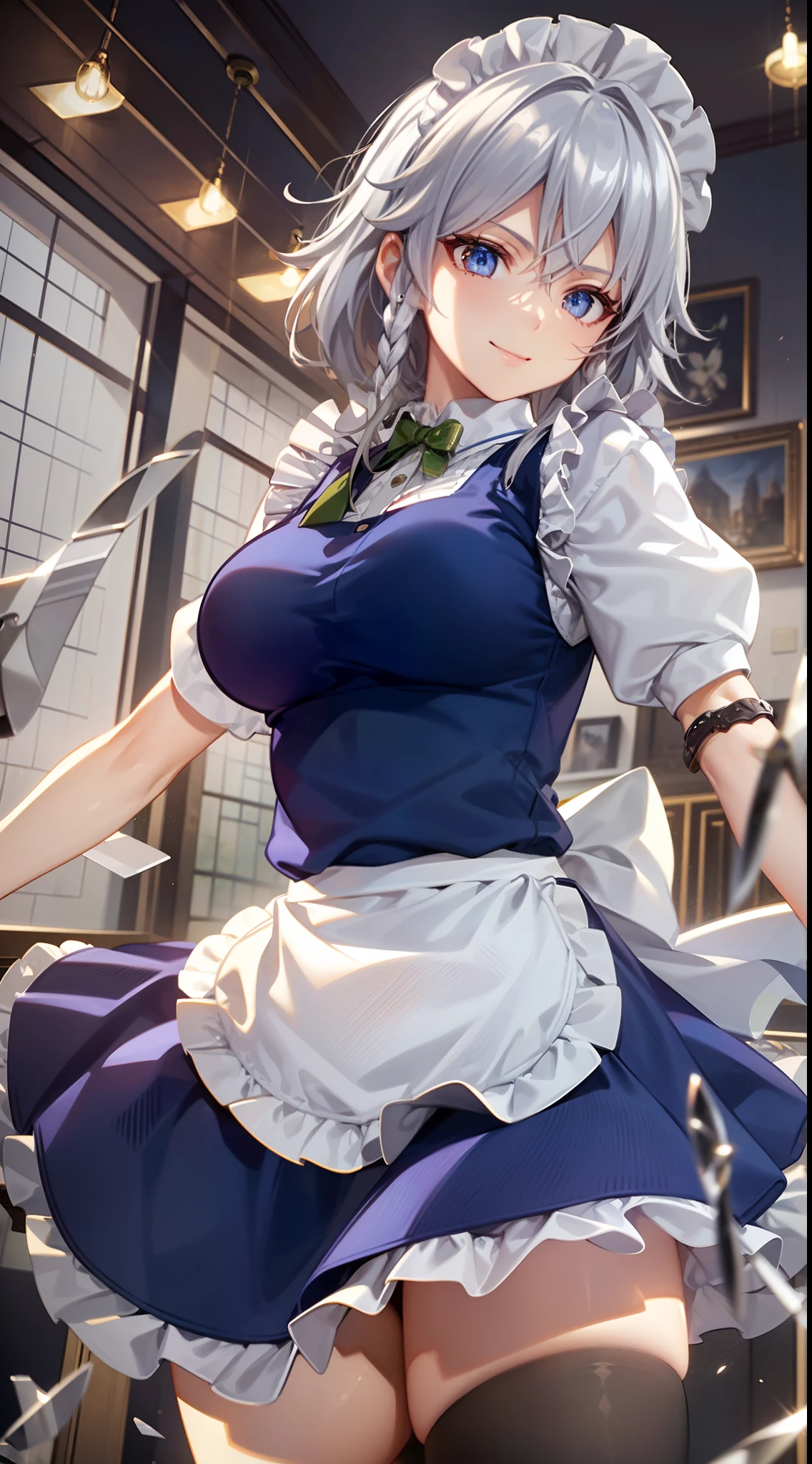 (Unity 16K Wallpaper, masutepiece, Best Quality, Ultra-detailed, extremely details CG, Cinematic lighting, Detailed, Beautiful detailed eyes, Solo),超A high resolution,Fine skin,A sexy,maid, maid apronl, Maid headdress,Knives,Seductive smile,From below,Holding a knife,Floating hair, Outdoors, Wind, Indoors,