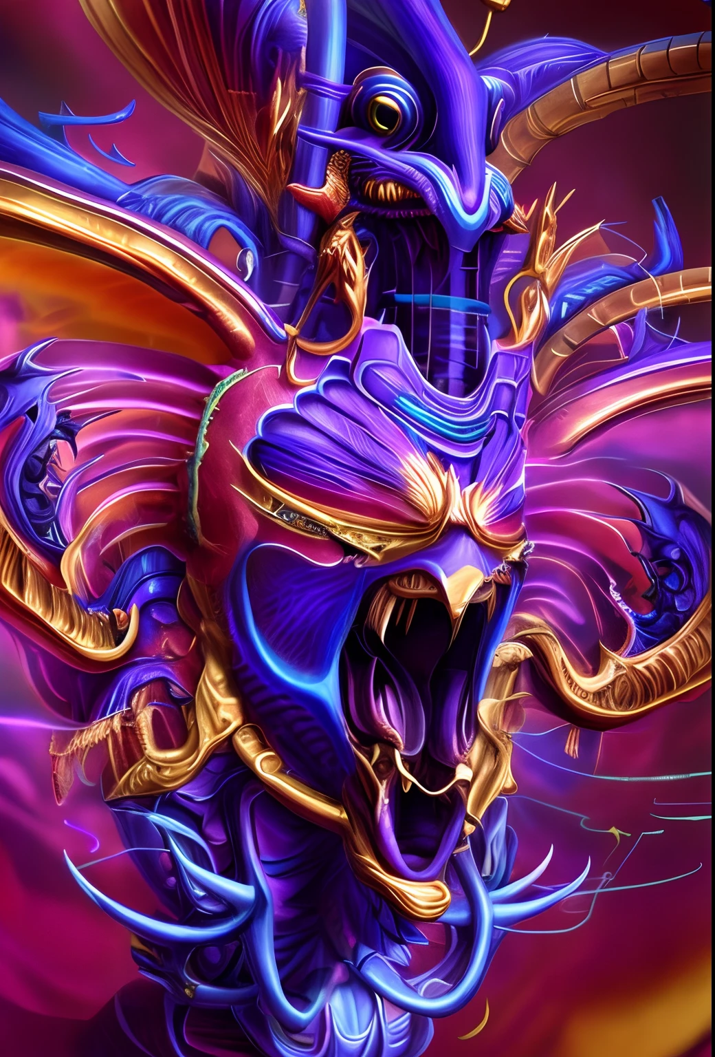 a close up of a purple and blue dragon with a gold crown, beautiful biomechanical djinn, purple ancient antler deity, hyperbeast design, digital painting of quetzalcoatl, ne zha from smite, detailed digital 2d fantasy art, hyper detailed digital art, ultra detailed game art, cyborg dragon portrait, mantis head monster god temple