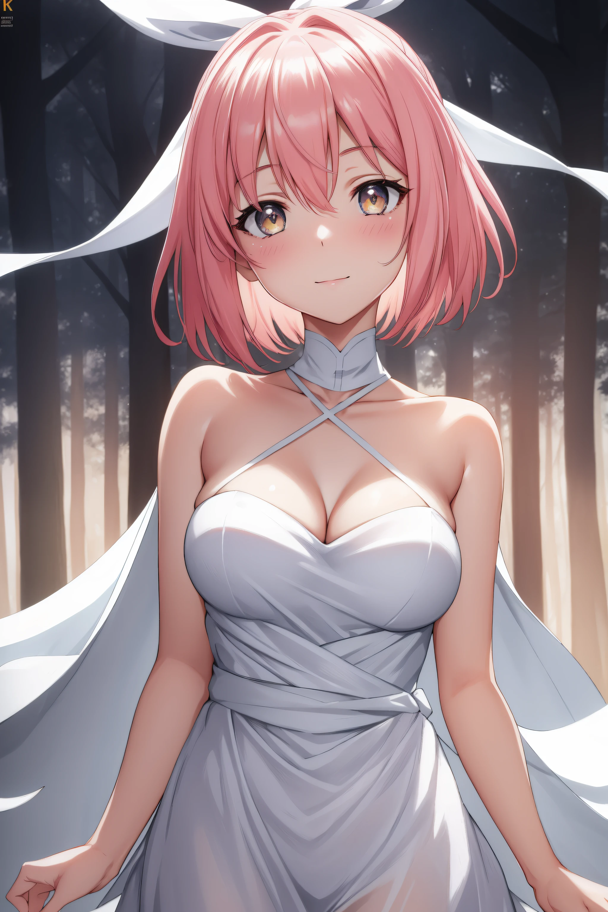 in a forest with fog and trees in the background and a light shining through her
white dress,head piece,bare_shoulders, collarbone,
okita souji, ahoge, pink hair, hair between eyes, (hair bow), (short hair:1.2), yellow eyes,
1 girl, 20yo,young female,Beautiful Finger,Beautiful long legs,Beautiful body,Beautiful Nose,Beautiful character design, perfect eyes, perfect face,
looking at viewer, (innocent_big_eyes:1.0),(expressionless:1.3),seductive anime girl.teasing smile, 
NSFW,official art,extremely detailed CG unity 8k wallpaper, perfect lighting,Colorful, Bright_Front_face_Lighting,
(masterpiece:1.0),(best_quality:1.0), ultra high res,4K,ultra-detailed,
photography, 8K, HDR, highres, absurdres:1.2, Kodak portra 400, film grain, blurry background, bokeh:1.2, lens flare, (vibrant_color:1.2)
(Beautiful,medium_Breasts:1.4), (beautiful_face:1.5),(narrow_waist),(perfect hands, perfect anatomy),