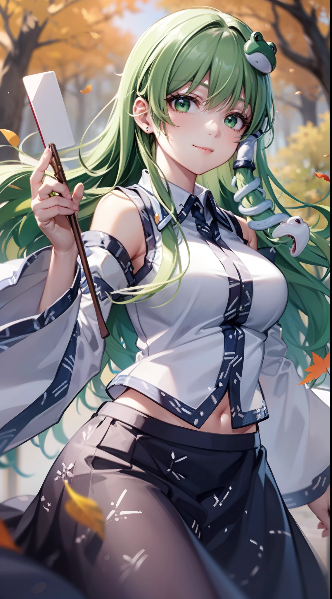Best Quality,Ultra-detailed,Unity 8k壁纸,extremely details CG,super detailed skin,Detailed,Dynamic lighting,Beautiful detailed eyes,kochiya sanae,Happy smile,Green long hair,Green eyes,frog hair ornament, hair tubes,snake,Detached sleeves,Shirt,Long skirt,Autumn leaves,Dynamic Pose,glistning skin,