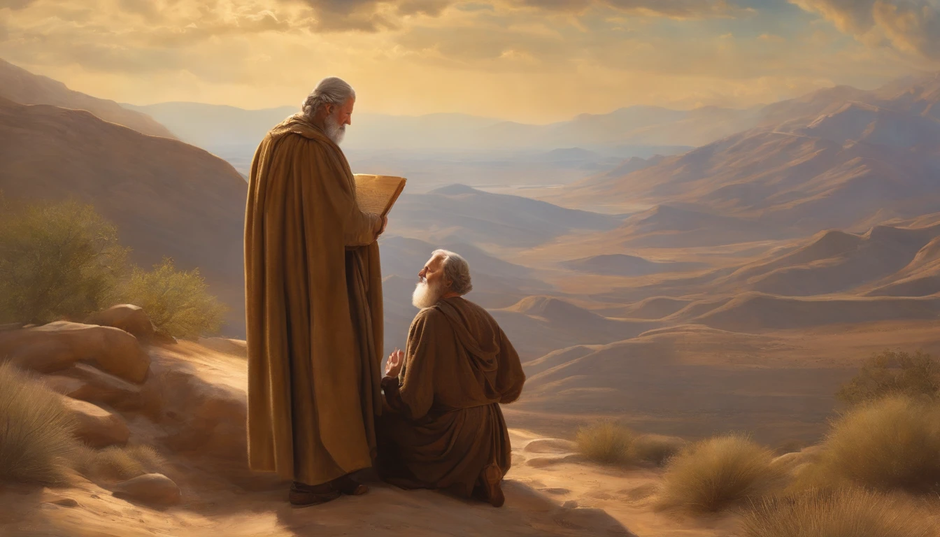 In the Bible, Abraham offers Isaac to God as riches, Young Isaac, Old Abraham, mountains,papyrus,Weathered parchment,Old gowns,,History reference,High-quality artwork and details,Realistic portrait style,Subtle color palette,vibrant background,natural textures,Deep Shadows,Subtle highlights,Historical accuracy,meticulous attention to detail,Emotional depth and intensity,Authentic Representation,Thought-provoking,Spiritual atmosphere,A Sense of Ancient Wisdom,Profound impact
