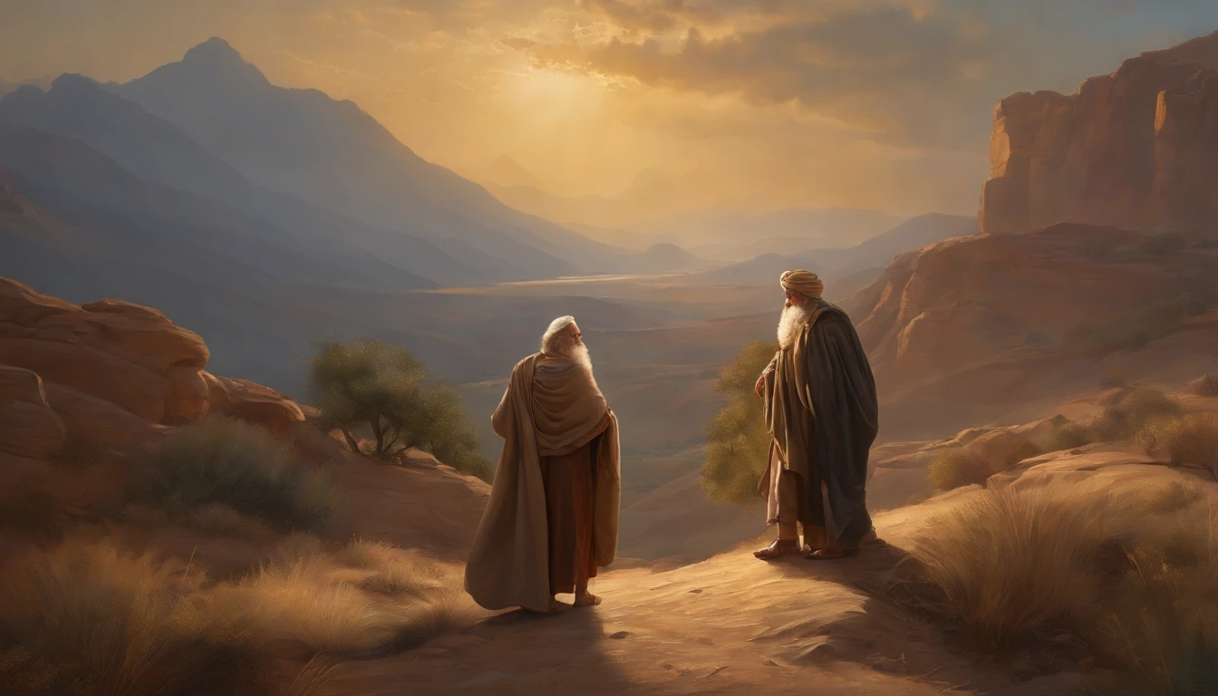 In the Bible, Abraham offers Isaac to God as riches, Young Isaac, Old Abraham, mountains,papyrus,Weathered parchment,Old gowns,,History reference,High-quality artwork and details,Realistic portrait style,Subtle color palette,vibrant background,natural textures,Deep Shadows,Subtle highlights,Historical accuracy,meticulous attention to detail,Emotional depth and intensity,Authentic Representation,Thought-provoking,Spiritual atmosphere,A Sense of Ancient Wisdom,Profound impact