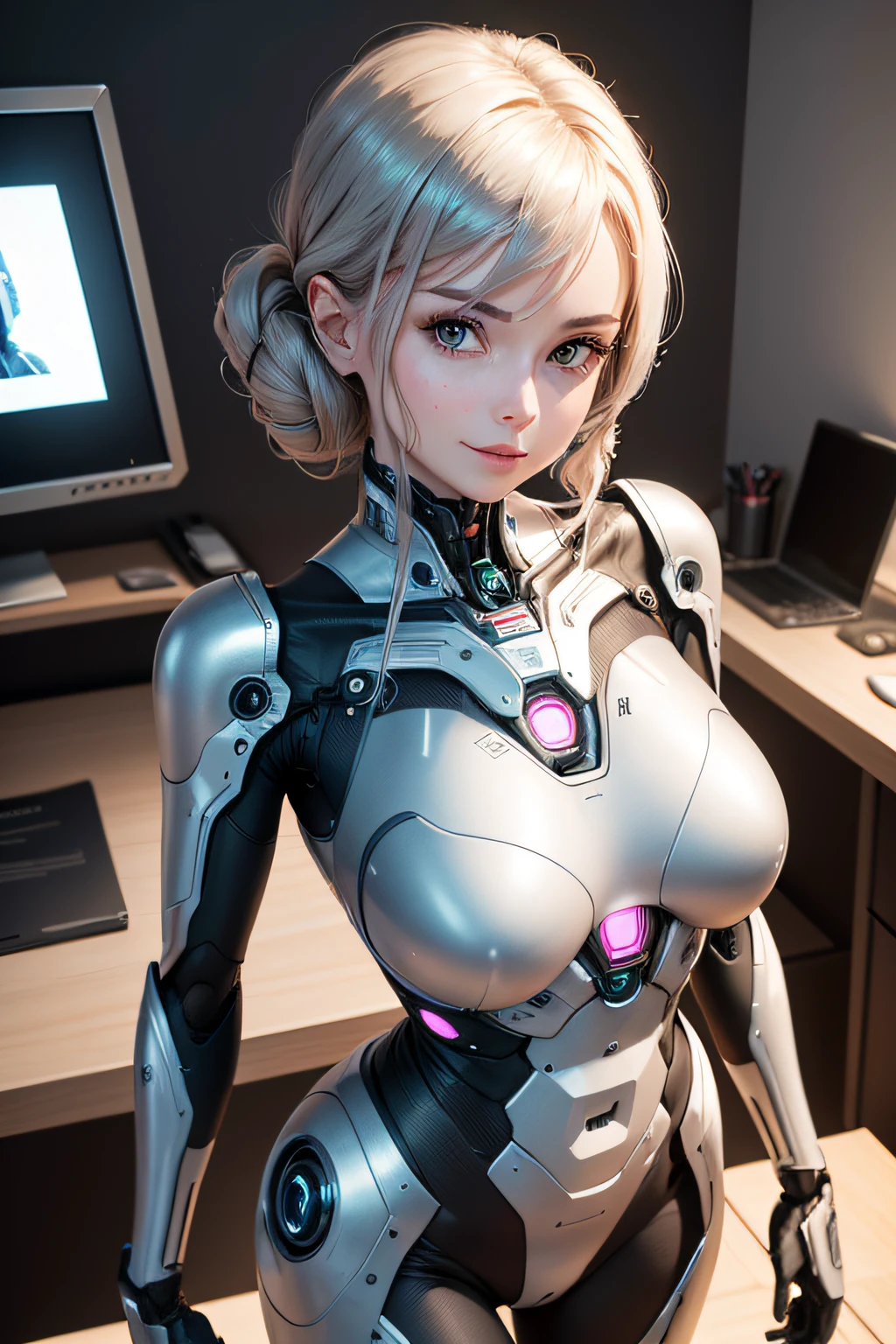 A woman who has been robotized　From the neck up remains human　Torso is a metallic body　Smiling standing in a bright room　There is a desk next to it and a photo frame on top.　The photo frame contains a photo of a man