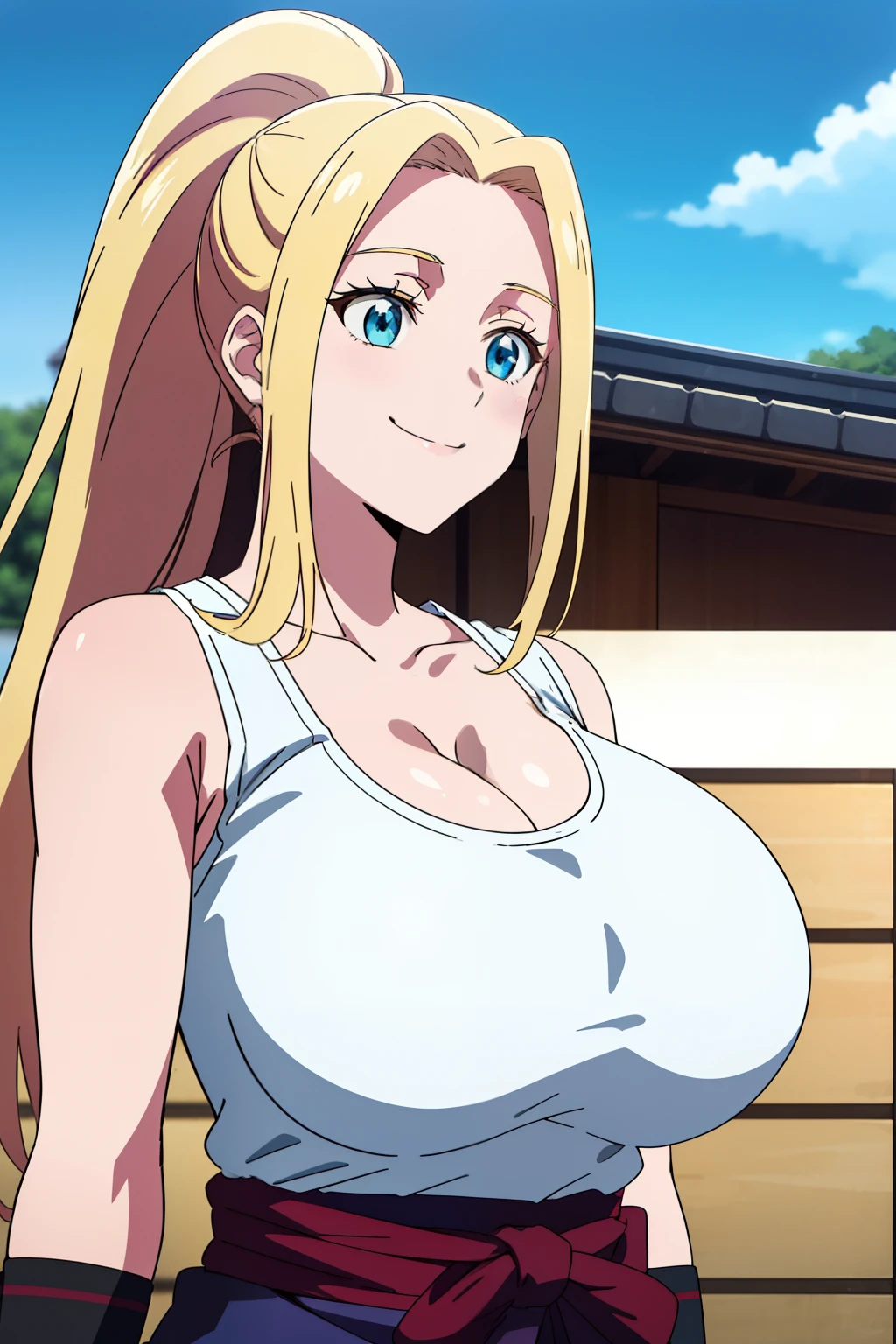 anime cels style, best quality, high resolution, sky, upper body, (huge breasts:1.2), beatrix amerhauser, long hair, blue eyes, blonde hair, ponytail, fingerless gloves, japanese armor, (white tank top), collarbone, happy, smile