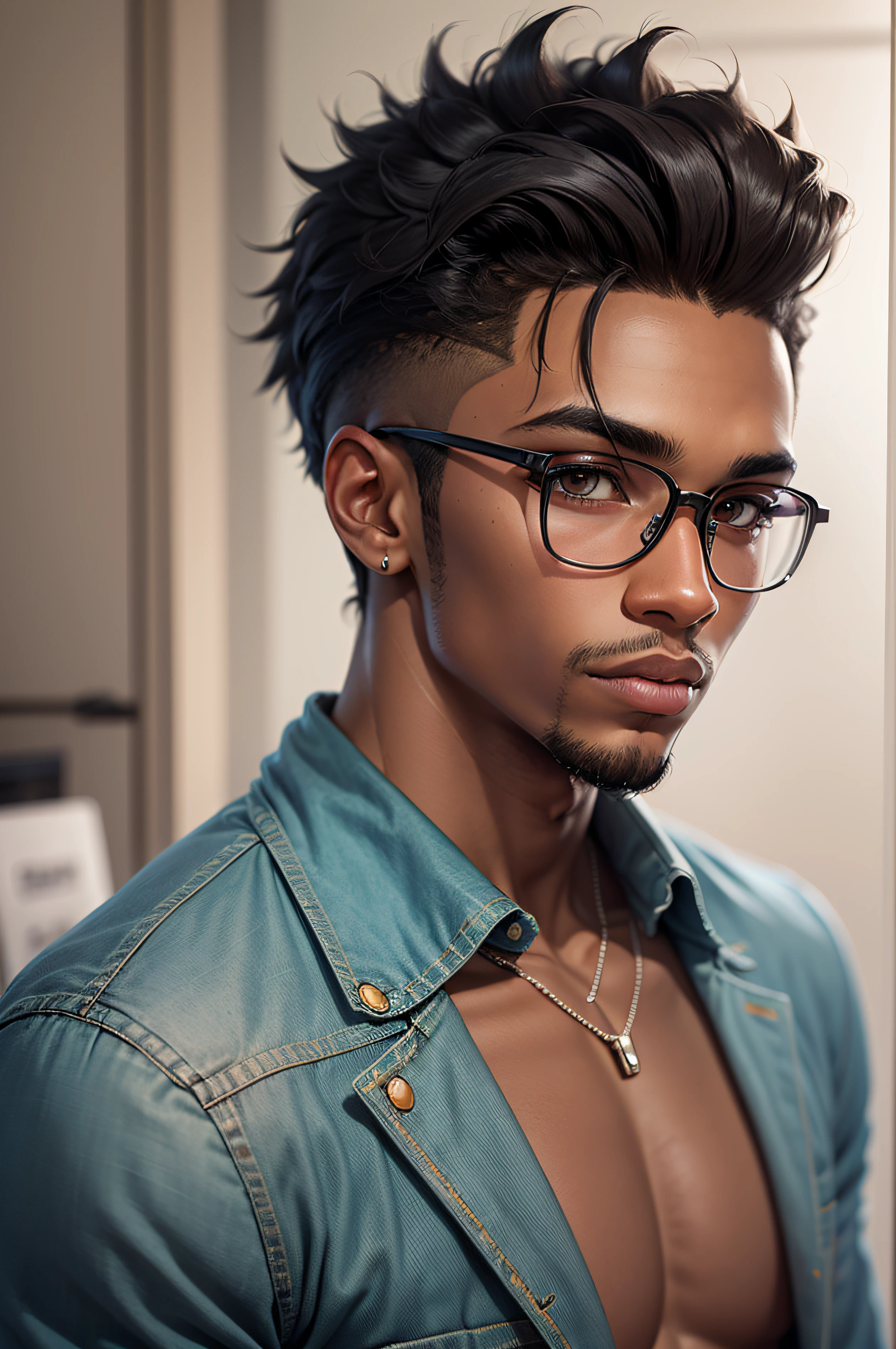 "Write a dark skin character description for a 20-year-old guy with glasses and a juice world-inspired haircut. Explore his personality, style, and any distinctive features that make him stand out in a realistic setting."