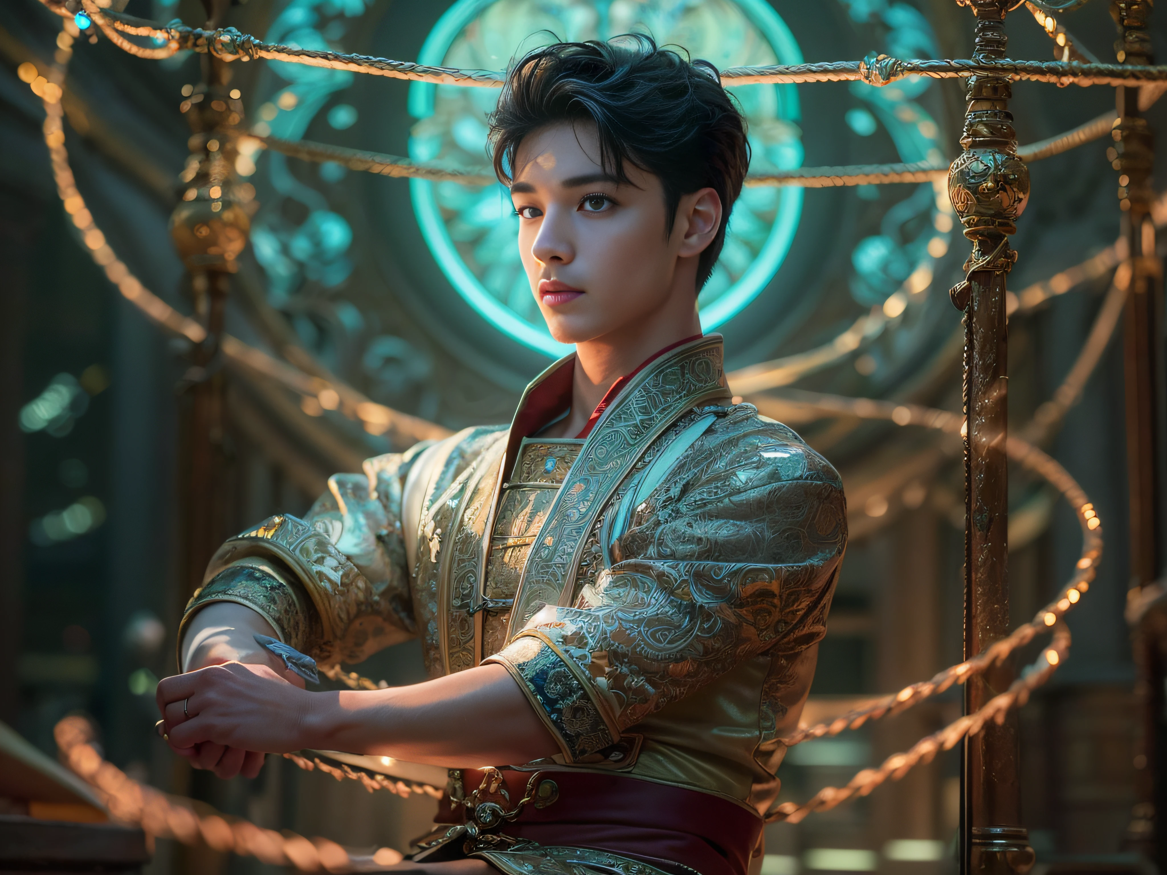 1boy, photo of handsome smiling young 18-year-old male Chinese prince, sci-fi, intricate, very very handsome, suave, neon light, ((perfect face)), ((perfect hands)), ((perfect body)), ((correct anatomy)), ((ultra-realistic)), ((8k, UHD)), highly detailed, human anatomy, soft light, smooth, all-fours, Shirtless, Restrained by ropes, Expose your legs, ((full body)), Inside the Royal Palace, Good lighting,