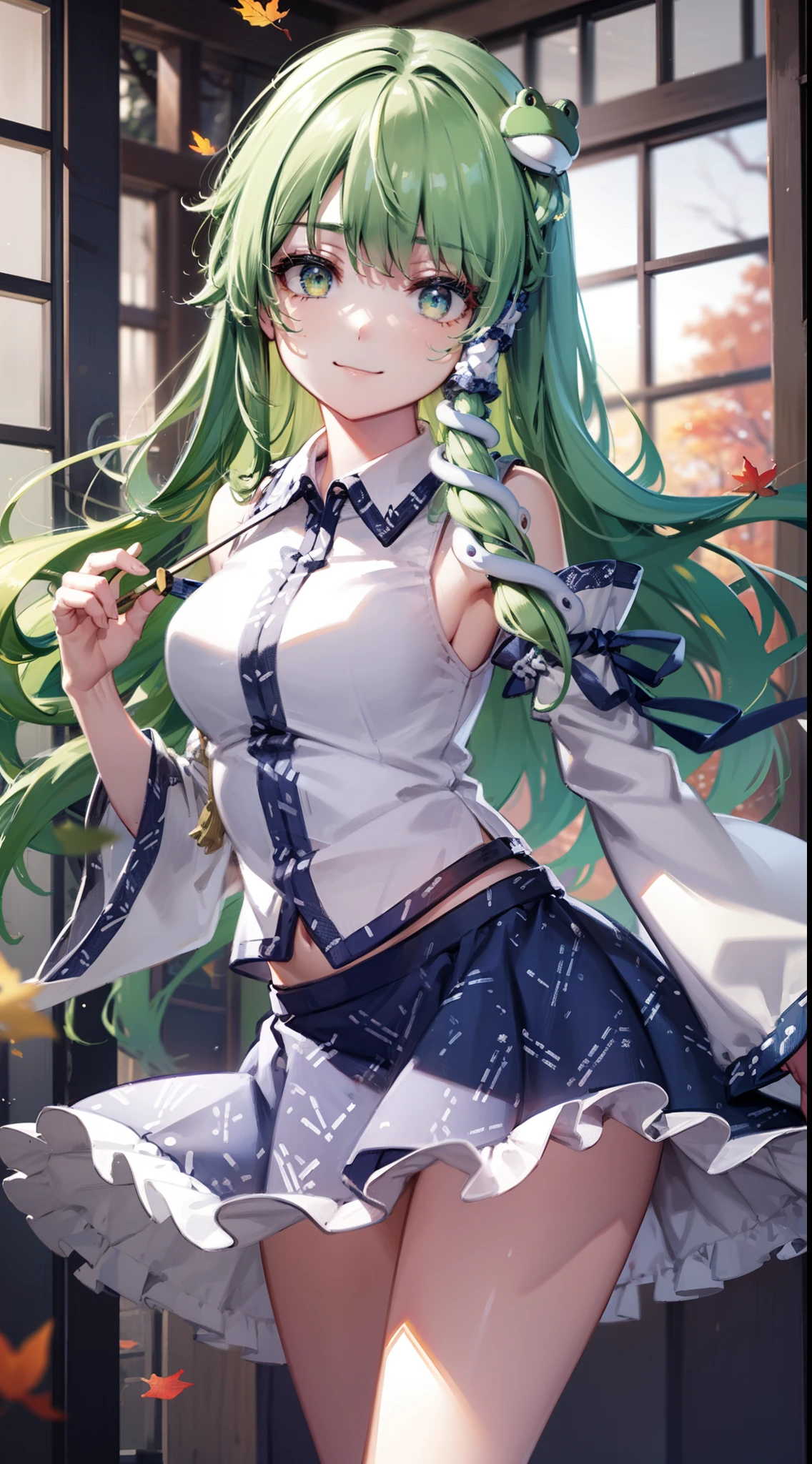Best Quality,Ultra-detailed,Unity 8k壁纸,extremely details CG,super detailed skin,Detailed,Dynamic lighting,Beautiful detailed eyes,kochiya sanae,Happy smile,Green long hair,Green eyes,frog hair ornament, hair tubes,snake,Detached sleeves,Shirt,Long skirt,Autumn leaves,Dynamic Pose,glistning skin,