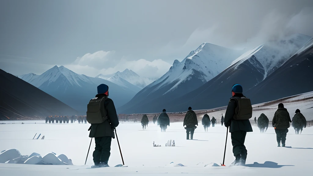 Chinese soldiers in the camp of snowy mountains in a minimalist style draft