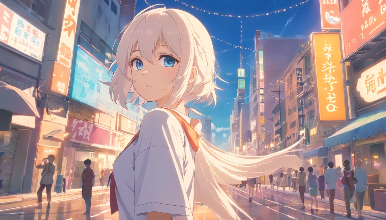 White color hair,All over the body,Bigchest。Look to the left,Rule of thirds composition,Double ponytail curls,blue color eyes,White ta,Beth,A bustling city street,Raised sexy,adolable,Rounded