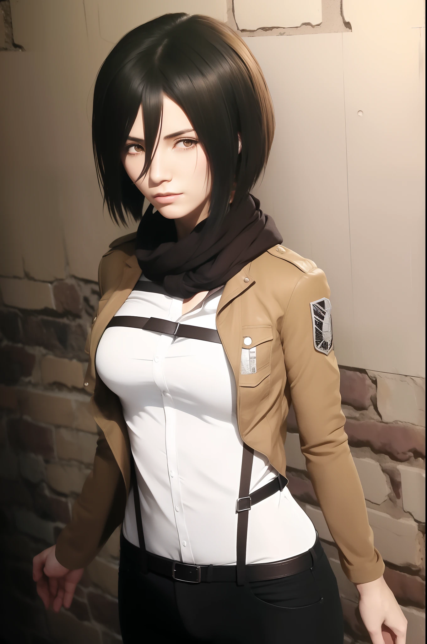 A girl in a brown jacket and black pants standing in front of a brick wall, mikasa ackerman, from attack on titan, looking like annie leonhart, shingeki no kyojin