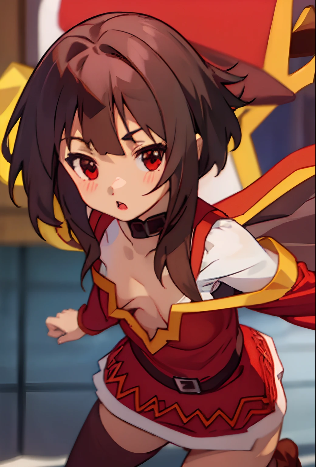 (beste-Qualit, 8K, 12), 1 girl, (megumin), brown hair, the perfect body, ultra detail face, detailed lips, Excited, (((very small boobs))), red eyes, cleavage, ((down blouse:1.4)), looking at viewer, (close up), leaned forward