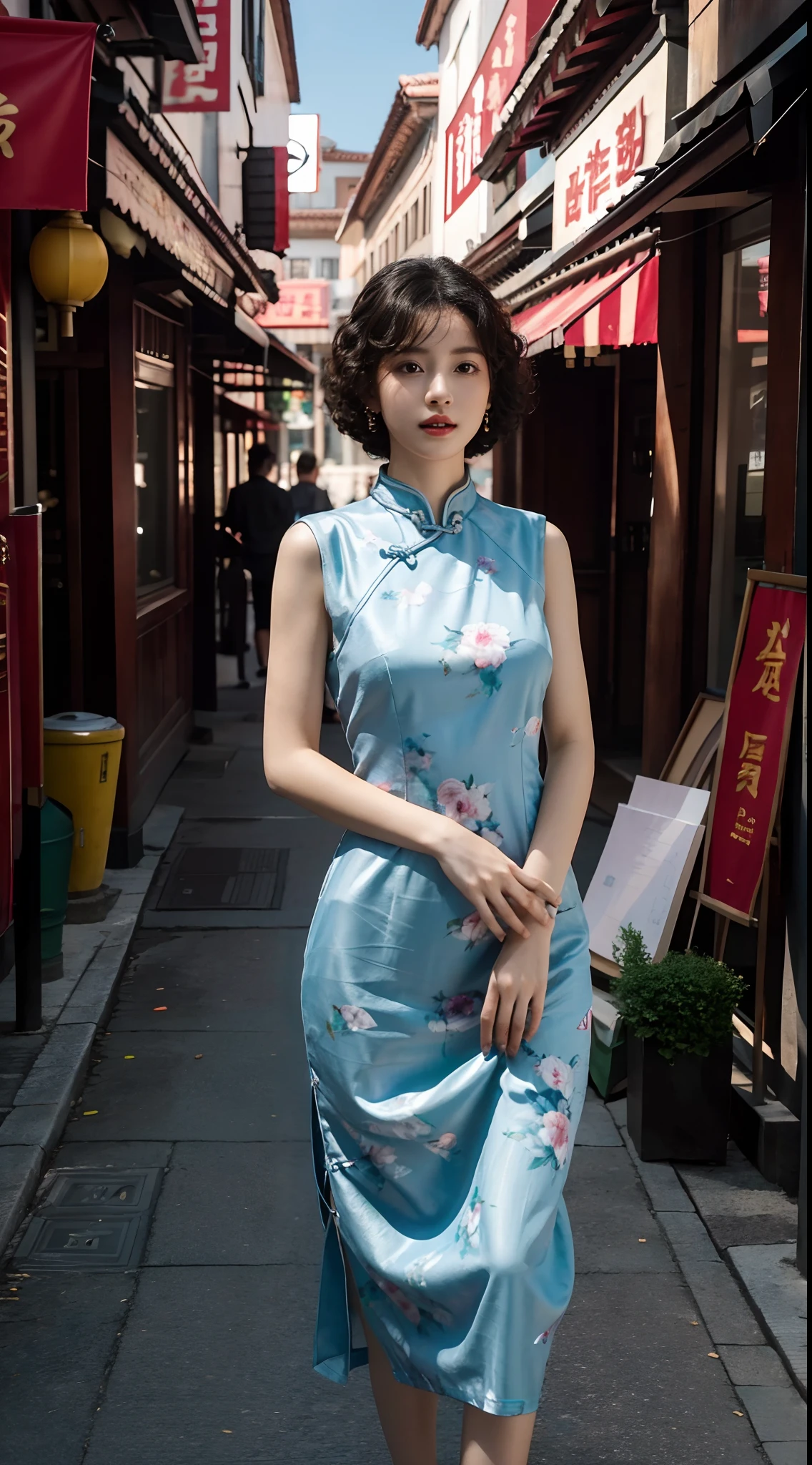 RAW photo, Best quality), (photo-realistic:1.3), Best quality, Highly detailed, Masterpiece, Ultra detail, illustration, 1girll,8k wallpaper，astounding，Cinematic lighting effects，Natural soft light，Short curly hair，on cheongsam，In the daytime，exteriors，the street，facing to audience，Stand up