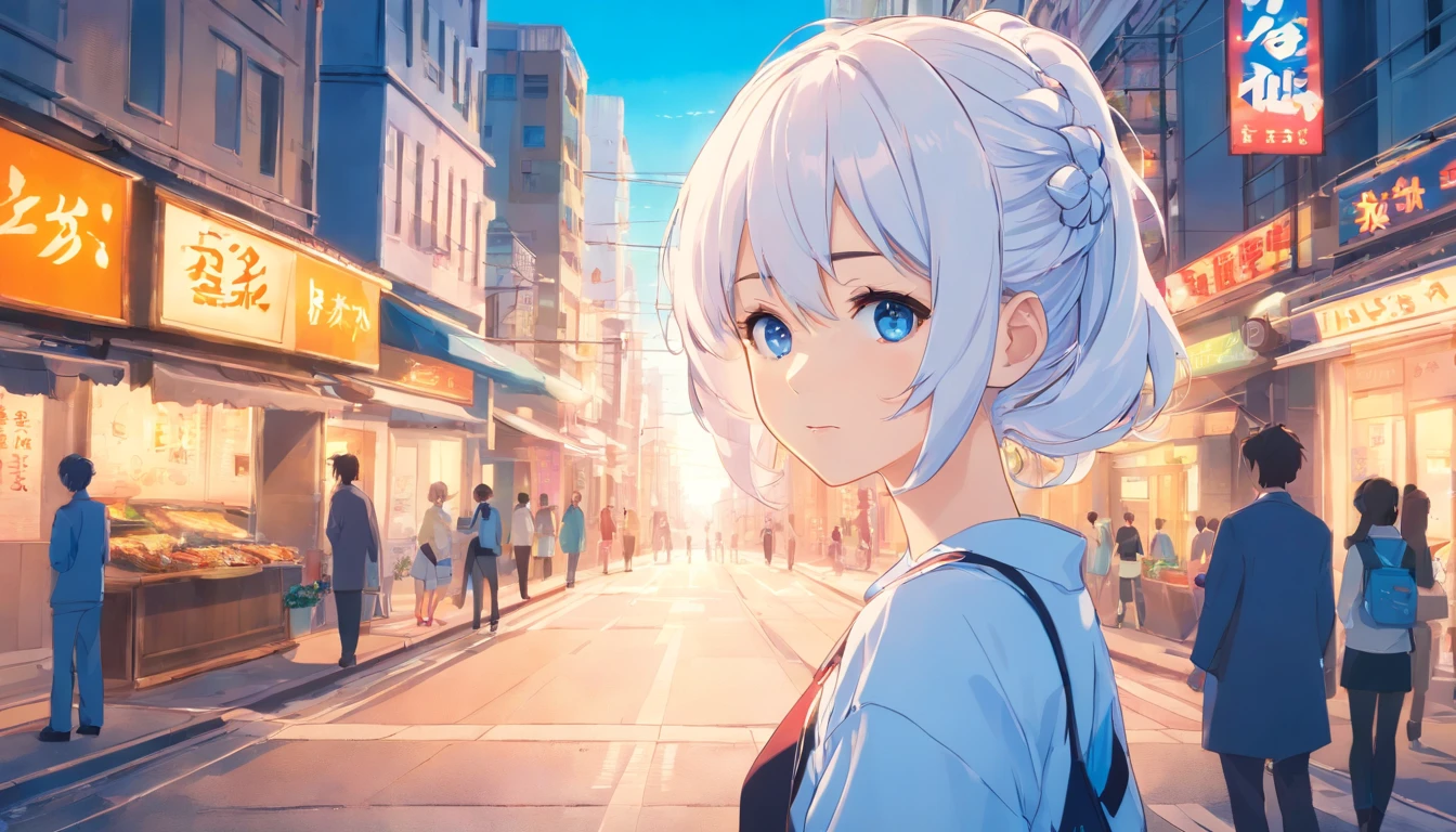 White color hair，All over the body，Huge，Looking to the left，Double ponytail curls，blue color eyes，White Lolita，Beth，A bustling city street，Raised sexy，adolable，Rounded