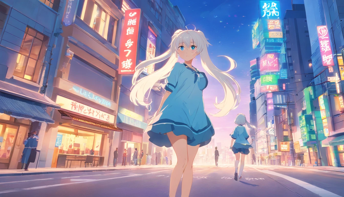 White color hair，All over the body，Huge，Looking to the left，Double ponytail curls，blue color eyes，White ta，Beth，A bustling city street，Raised sexy，adolable，Rounded