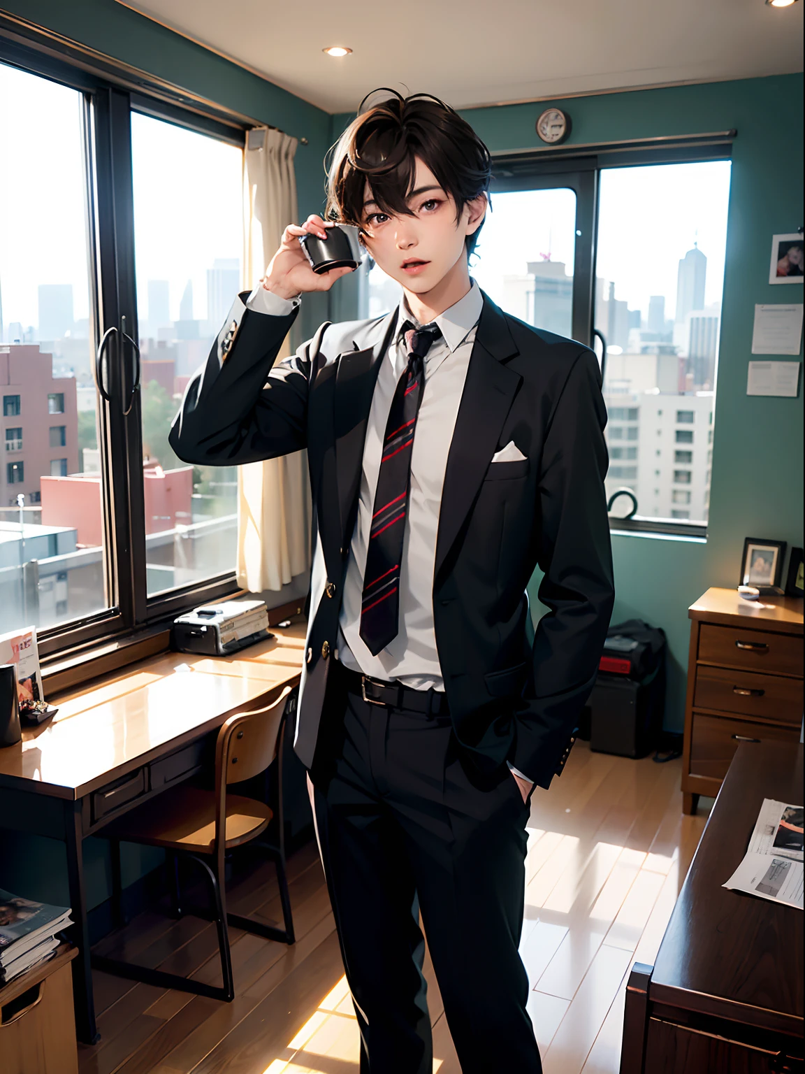 2boys,11 only、(Man's :2),(bobhair:1.5)、A dark-haired、Brown hair、Drinking coffee、chum、Brightly colored ties、Cluttered rooms、Twilight,Natural lighting、hightquality、masutepiece,8K,hight resolution、