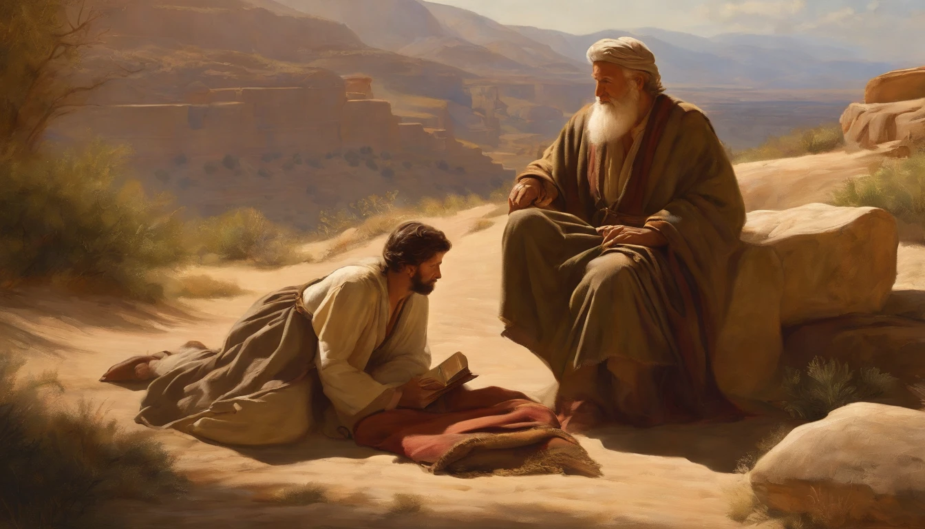 In the Bible, Abraham offers young Isaac to God as riches, Young Isaac lying down, Old Abraham, mountains,papyrus,Weathered parchment,Old gowns,,History reference,High-quality artwork and details,Realistic portrait style,Subtle color palette,vibrant background,natural textures,Deep Shadows,Subtle highlights,Historical accuracy,meticulous attention to detail,Emotional depth and intensity,Authentic Representation,Thought-provoking,Spiritual atmosphere,A Sense of Ancient Wisdom,Profound impact