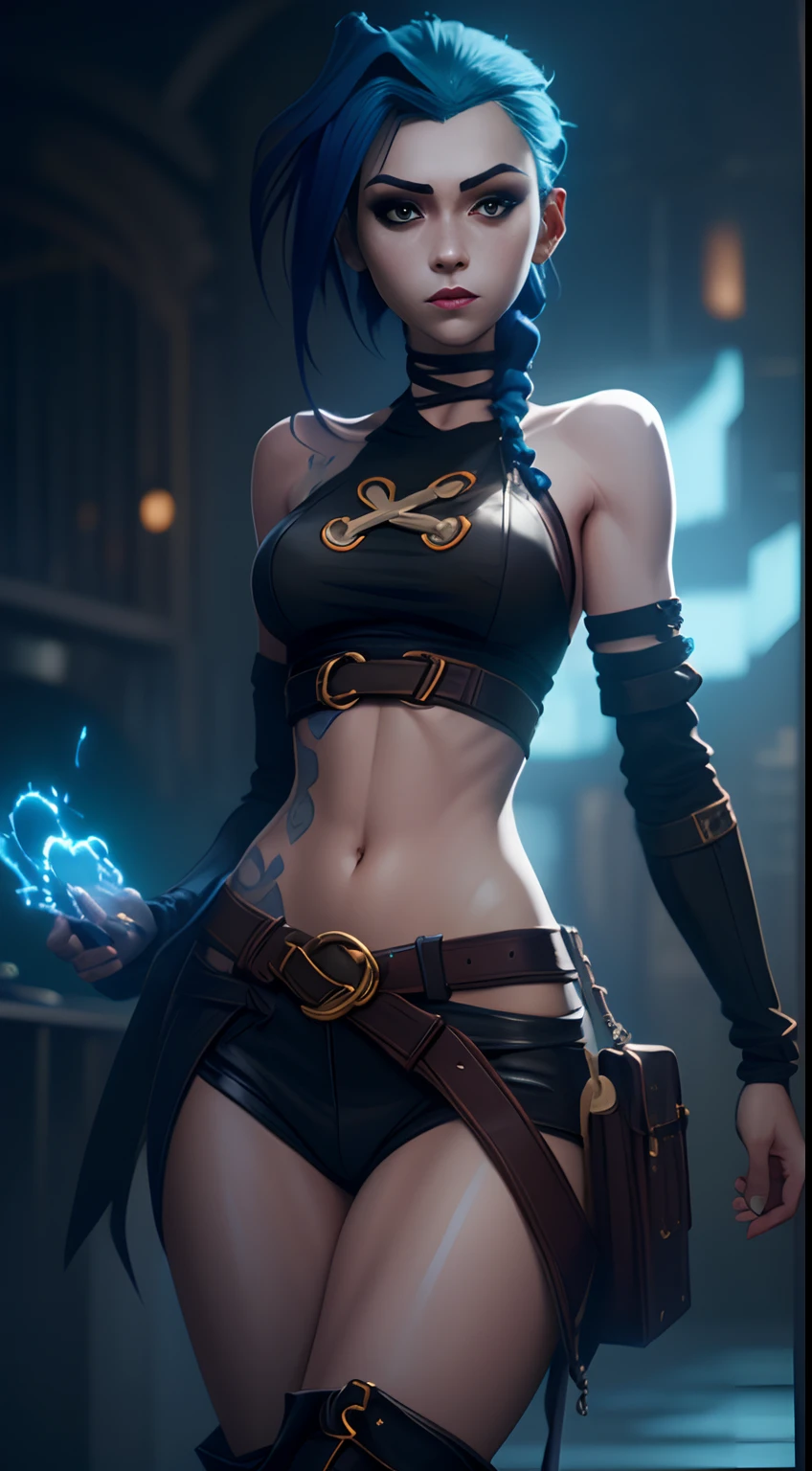 Jinx's character design, Dynamic movements, naked ass, bare breast, covers the chest with his hands, Swollen ,  butt, kitty, sexypose, Beautiful figure, Arcane's Jinx, Bright blue and purple sparks all around, glowing eyes, Pink glowing eyes, hairlong, hairsh, braided into long braids, Pigtails hang below the knee, Hair color changes from bright blue to navy blue, Dressed in brown breeches, Leather boots on the feet, Top with four gold circles on the chest in the middle of the chest, Blue cloud tattoos on shoulders and waist, Long bangs, hanging on the right side, Belt with cartridges on the belt, Arcane style, extremely detailed CG unity 8k wallpaper, detailed light, Cinematic lighting, chromatic aberration, glittering, expressionless, epic composition, dark in the background, Cherecter Desing, Very detailed, Detailed body, Vibrants, Detailed Face, sharp-focus, anime art, Vibrants, Detailed Face, Hugh Details, sharp-focus, Very drooping face, A detailed eye, super fine illustration, better shadow, finely detail, Beautiful detailed glow, Beautiful detailed, Extremely detailed, expressionless, epic composition,