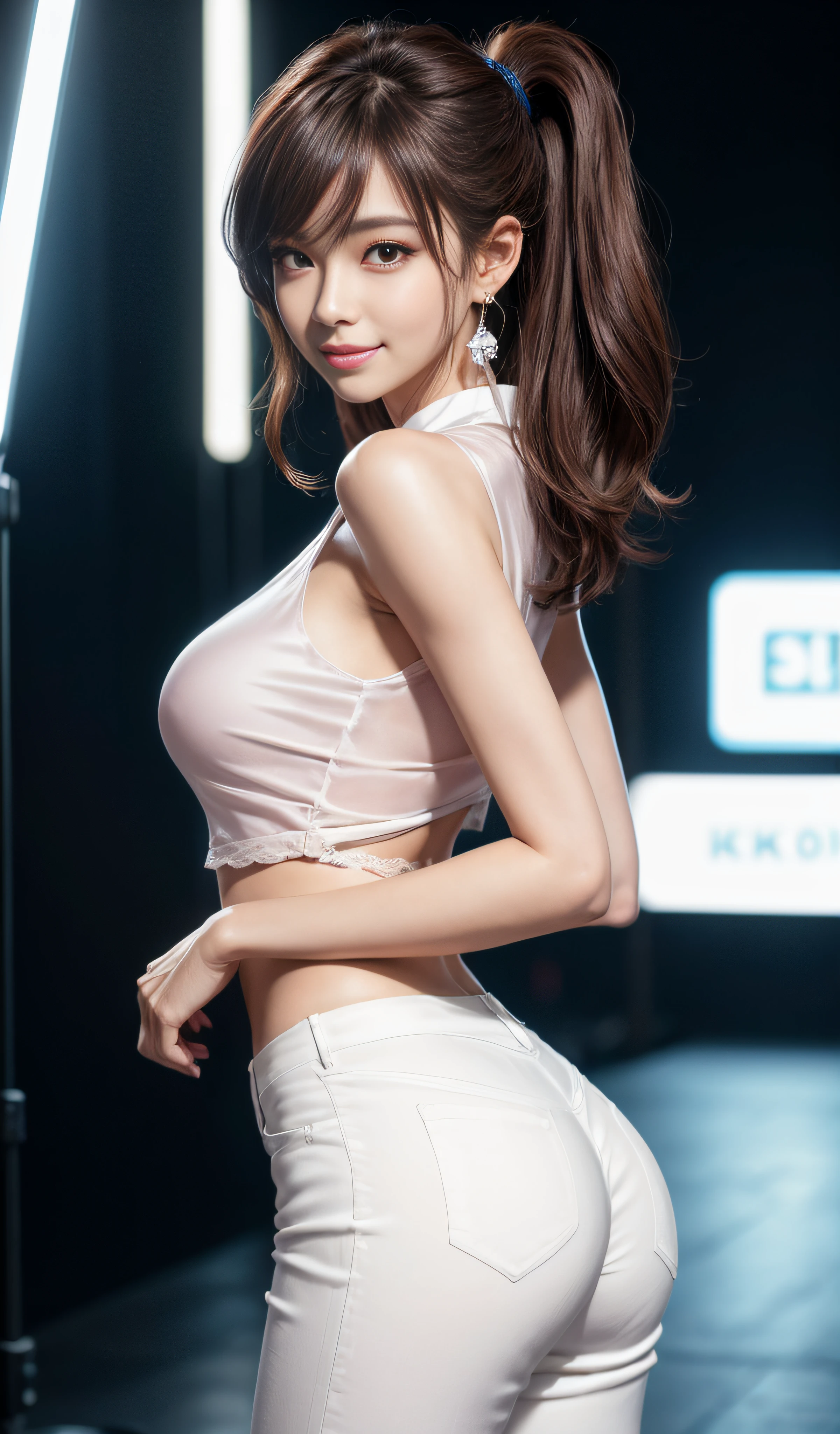 8K, Masterpiece, RAW photo, Best quality, Photorealistic, Extremely detailed CG unifies 8K, 8K, Diamond, and wallpaper, Depth of field, Cinematic light, Lens flare, Ray tracing, (Extremely beautiful face, Beautiful lips, Beautiful eyes), intricate detail face, ((ultra detailed skin)) 1girll, In the dark, deepshadow, Pretty Korean girl, Kpop idol, 1 girl, (Very slim and slender muscular body:1.3), (huge tit:1.0),Narrow waist、(Wide buttock),S-shaped body,Upturned buttocks,Long legs,((view the viewer)),(Big smile:1.3), (Fashion night, Dark night, (neon lights sign), (Blurred background), Fashion Street Night),(No one is in the background:1.3), Beautiful earrings, bangle, necklace, Pantyhose, Clear eyes, (Pale skin), (Big eyes), Face forward, ((upperbody shots)),(Tight lace-up blouse), (Pink shirt), (Sleeveless) , ((Skinny silk white trousers:1.3)),(brown hairs),((Skinny silk pants)), ,Narrow waist、(Wide buttock),(big assa),S-shaped body,Upturned buttocks,Long legs,(view the viewer:1.3) open breast, Very slim, Medium breasts, Turn Back, Back shot, , underwear