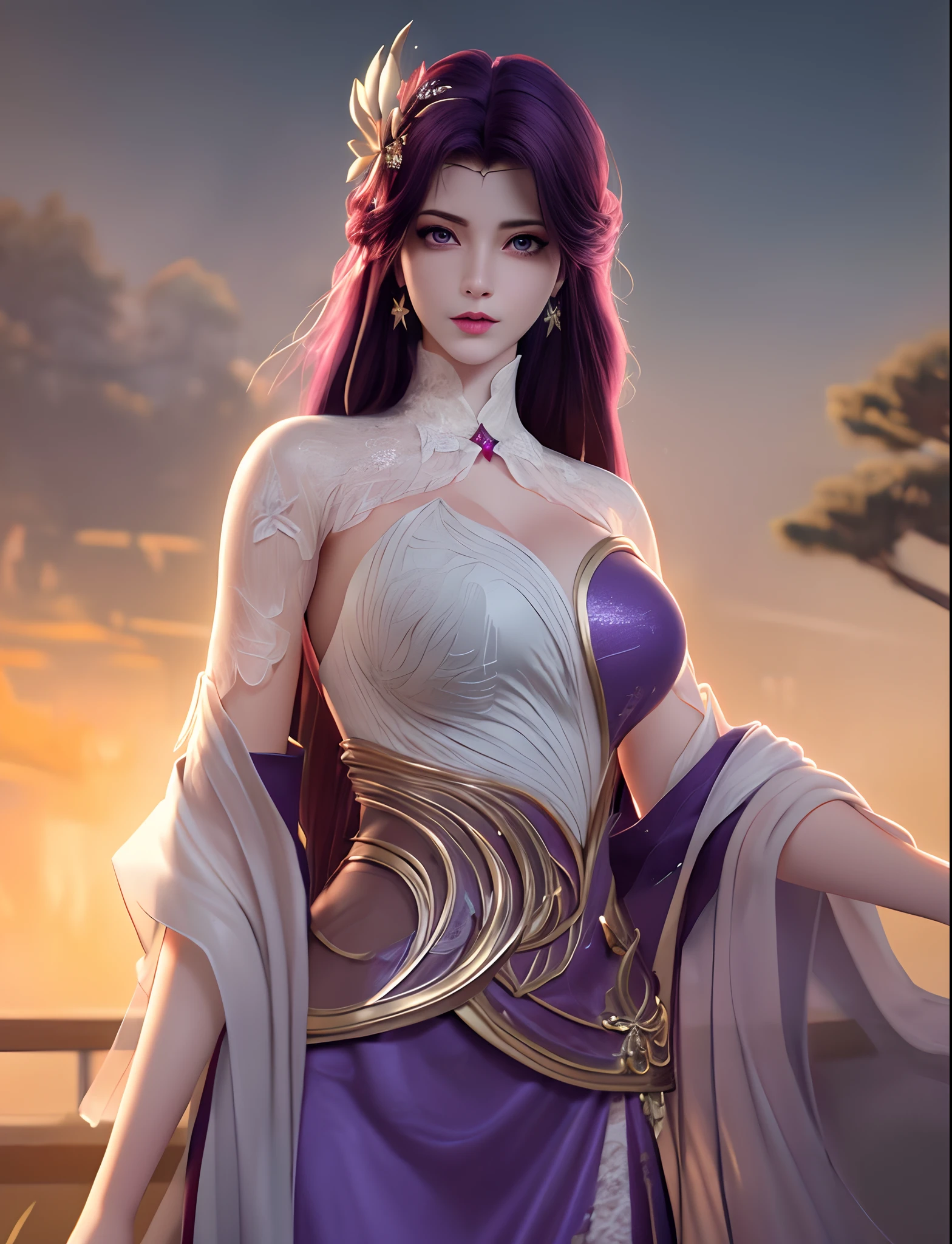 (,1girl, pov,best quality, ) , (((,1girl, solo, large breasts, looking at viewer, cherry blossoms,   , purple_hair, purple_eyes, long_hair, breasts, solo, cloud, jewelry, dress, sunset, sky ))) ultra realistic 8k cg, flawless, clean, masterpiece, professional artwork, famous artwork, cinematic lighting, cinematic bloom, perfect face, beautiful face, fantasy, dreamlike, unreal, science fiction, lace, lace trim, lace-trimmed legwear, luxury, jewelry, diamond, gold, pearl, gem, sapphire, ruby, emerald, intricate detail, delicate pattern, charming, alluring, seductive, erotic, enchanting, hair ornament, necklace, earrings, bracelet, armlet,halo,autumn,