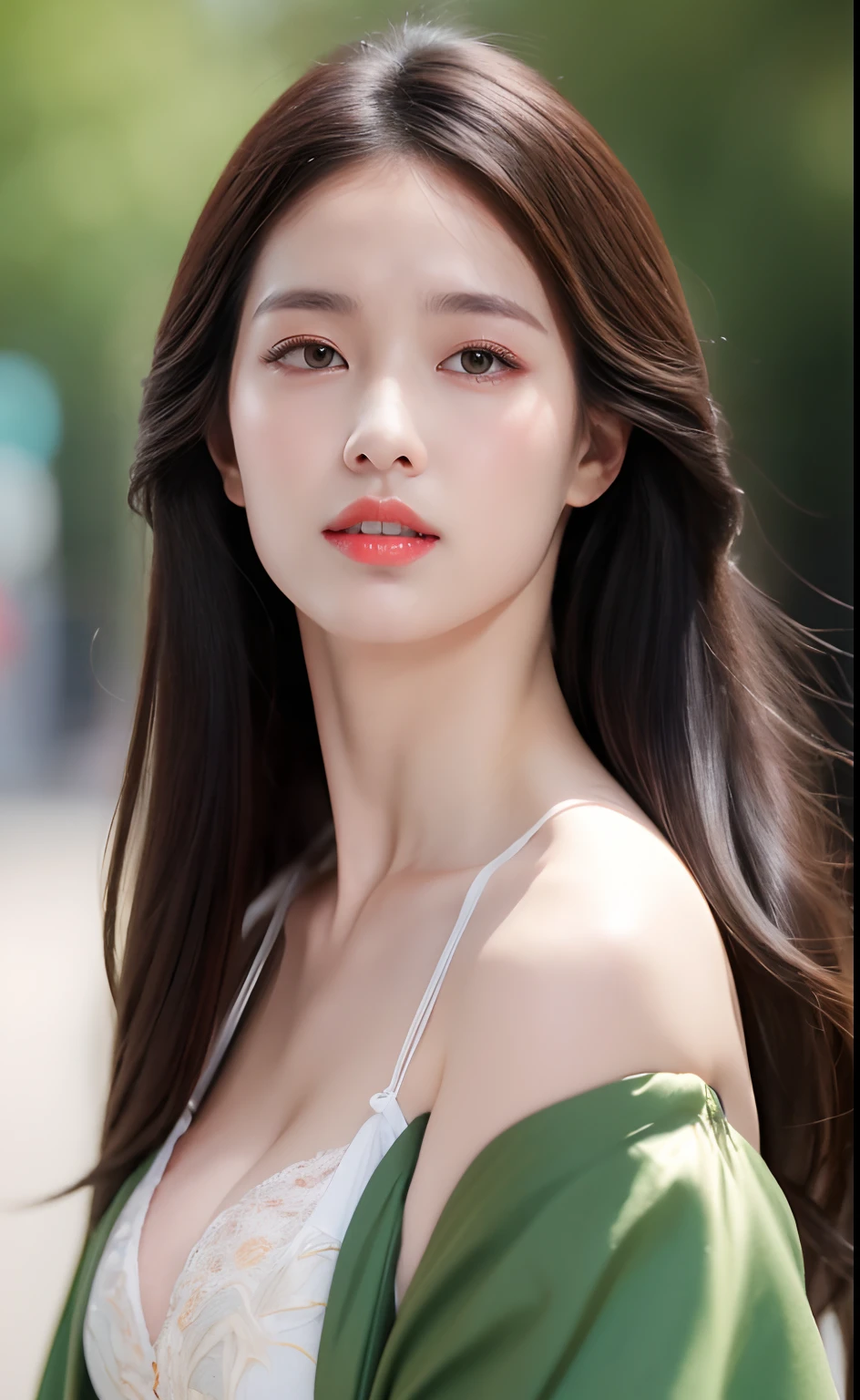 ((Best Quality, 8K, Masterpiece: 1.3)), Focusing: 1.2, Perfect Body Beauty: 1.4, butt: 1.2, ((Layered Haircut)), (wetclothes: 1.1), (Sateen, Street:1.3), (pectorals: 1.2), (Hanfu: 1.2), bare shoulder, bare legs, Highly detailed face and skin texture, Fine Eyes, Double eyelids, Whitened skin, Long hair, (Shut Up: 1.5), (boke background: 1.5), Big breasts