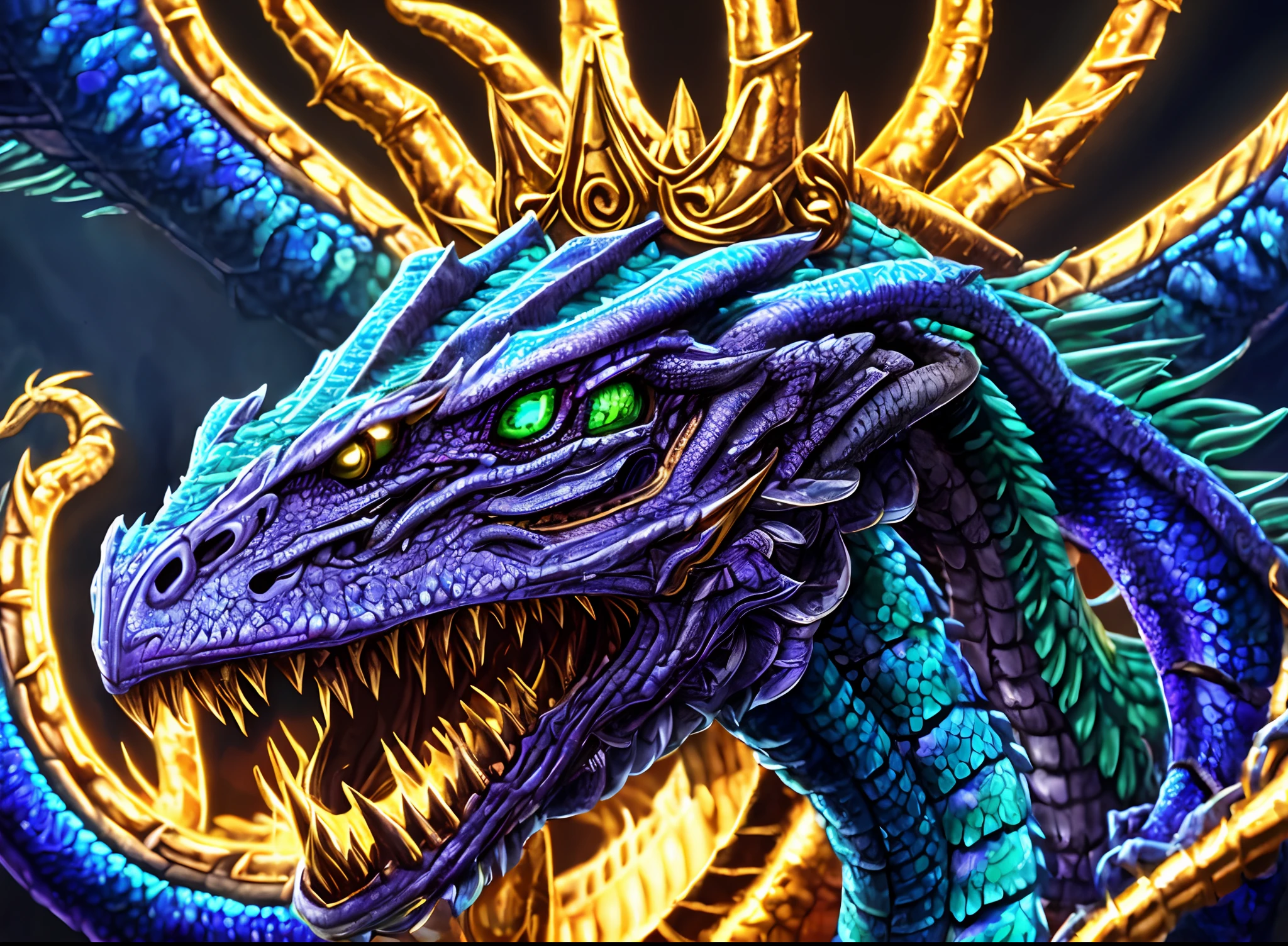 close up of a purple and blue dragon with a gold crown, beautiful biomechanical djinn, purple ancient antler deity, hyperbeast design, digital painting of quetzalcoatl, ne zha from smite, detailed digital 2d fantasy art, hyper detailed digital art, ultra detailed game art, cyborg dragon portrait, mantis head monster god temple