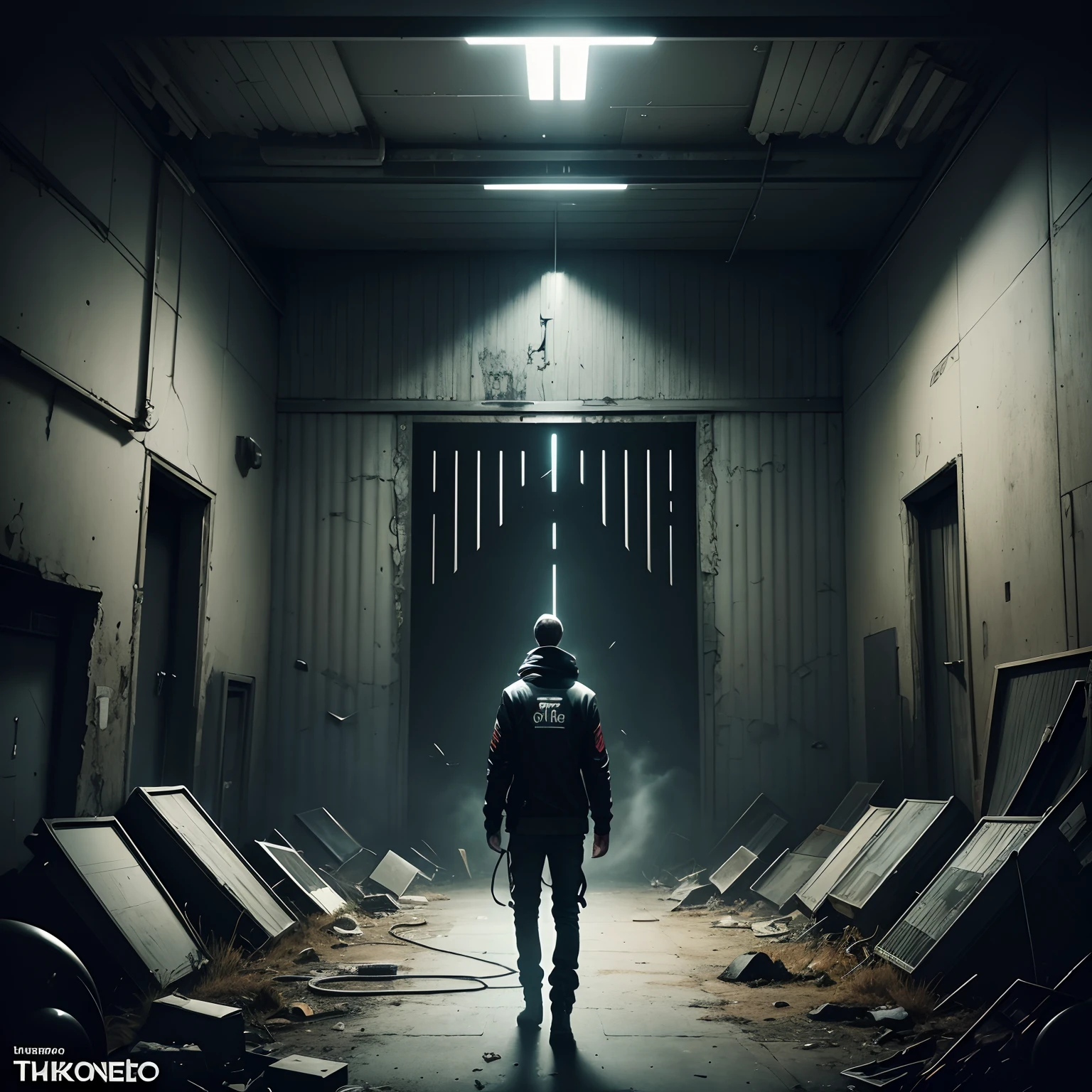 Vinyl Cover Themed Tekno Mental Horror , hangar sombre. On the vinyl write the title "BASS OF SHED"