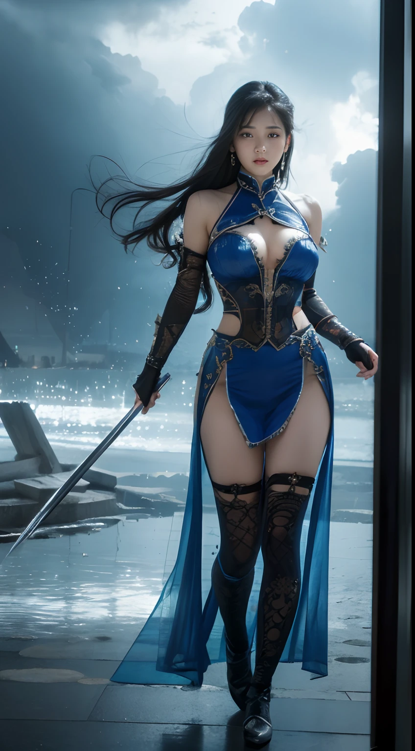 Realistic, 35mm, Intricate details, hdr, Intricate details, Highly detailed, Natural skin texture, Real, Sharp, 1 girl, Chinese, Blush, blue clothes, Black eyes, Fine black hair, full body, detailed background, detailed face  , (1nf3rnalAI , hell theme: 1.1), strong expression, dynamic pose, glass robot, (made of glass: 1.1), translucent, glass structure, fighter, glass shield, dirty glass, machine, power, magic symbol, mysterious power  , floating particles, reflections, wind, storm background, film atmosphere,