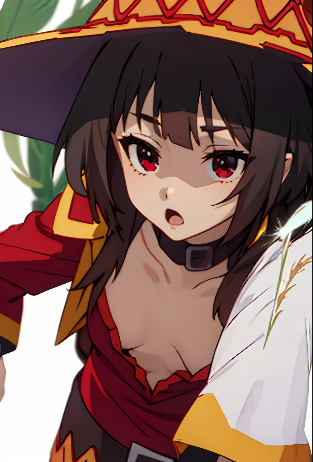 (La mejor calidad, 8k, 12), 1 girl, (Megumin), brown hair, El cuerpo perfecto, Cara ultra detallada, Labios detallados, excitado, (((very small breasts))), ojos rojos, escote, ((Blusa de plumas:1.4)), Mirando al espectador, (cerrar), inclinado hacia adelante