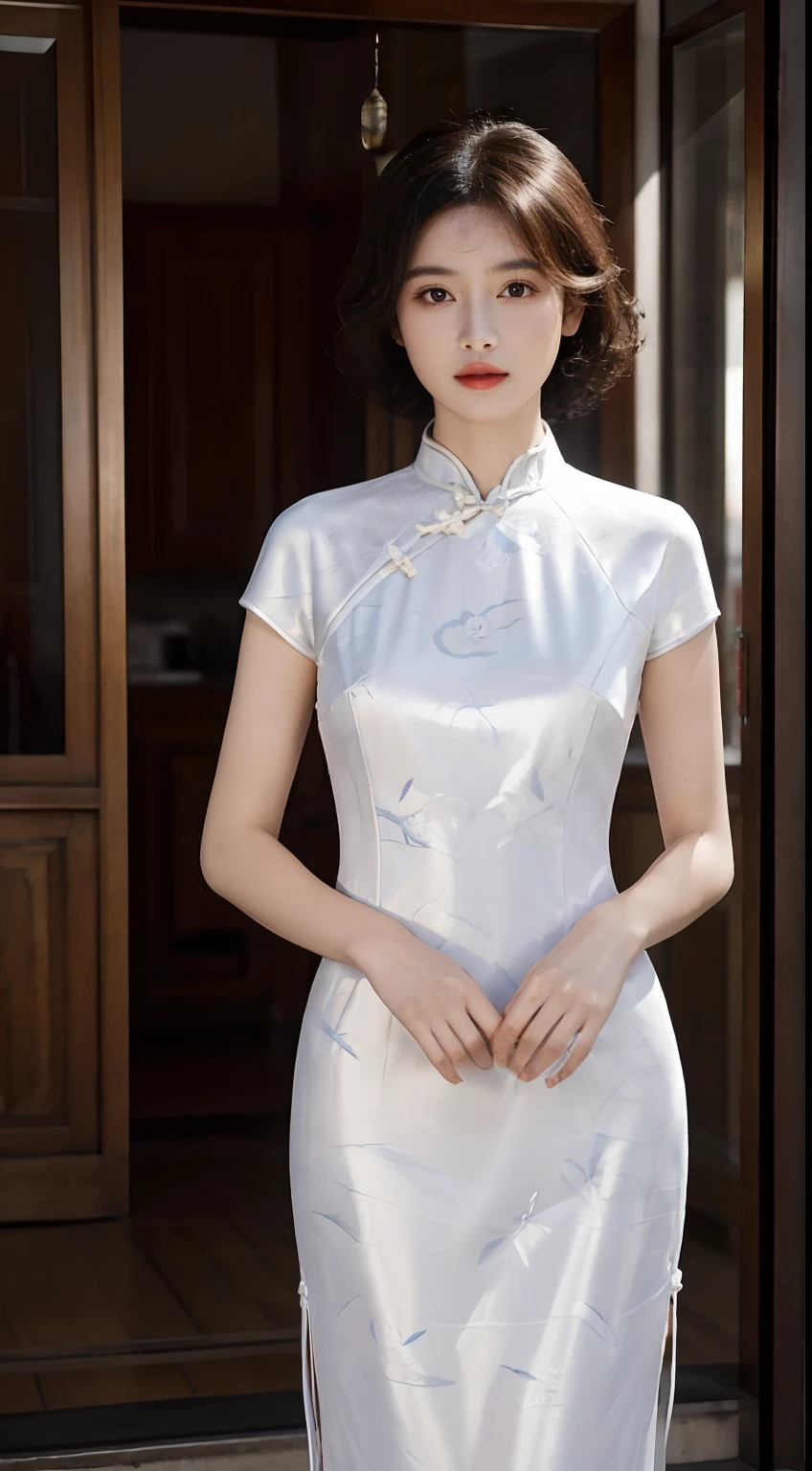 RAW photo, Best quality), (photo-realistic:1.3), Best quality, Highly detailed, Masterpiece, Ultra detail, illustration, 1girll,8k wallpaper,astounding,Cinematic lighting effects,Natural soft light,Short curly hair,White cheongsam,In the daytime,exteriors,the street,facing to audience,Stand up