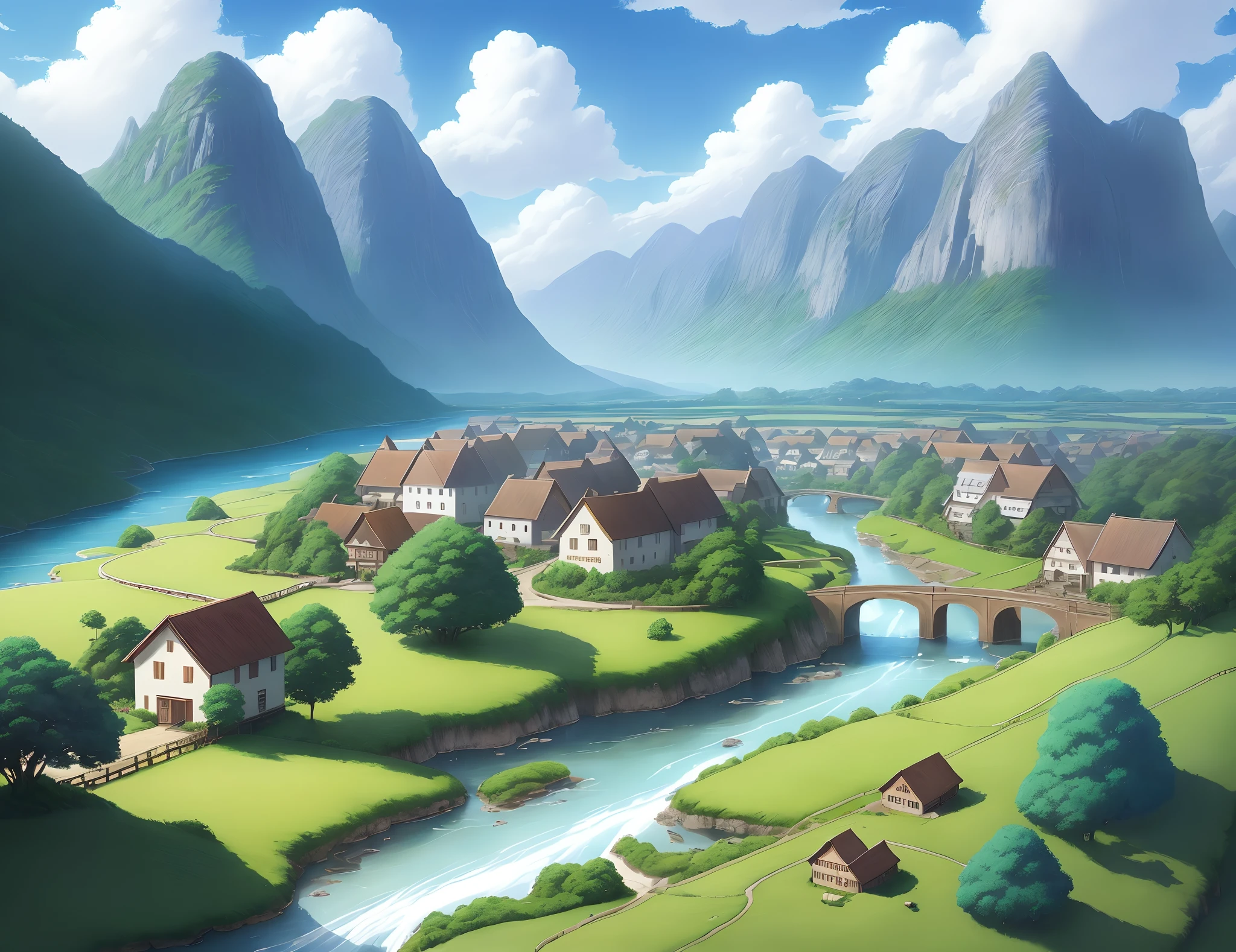Realistic, authentic, beautiful and amazing landscape oil painting Studio Ghibli Hayao Miyazaki's petal grassland with blue sky and white clouds,Realistic, authentic, beautiful and amazing lands , petal grassland with blue sky and white clouds ,quaint village nestled at the foot of a majestic mountain,Their village was separated by a crystal-clear river that flowed gently between them --v6